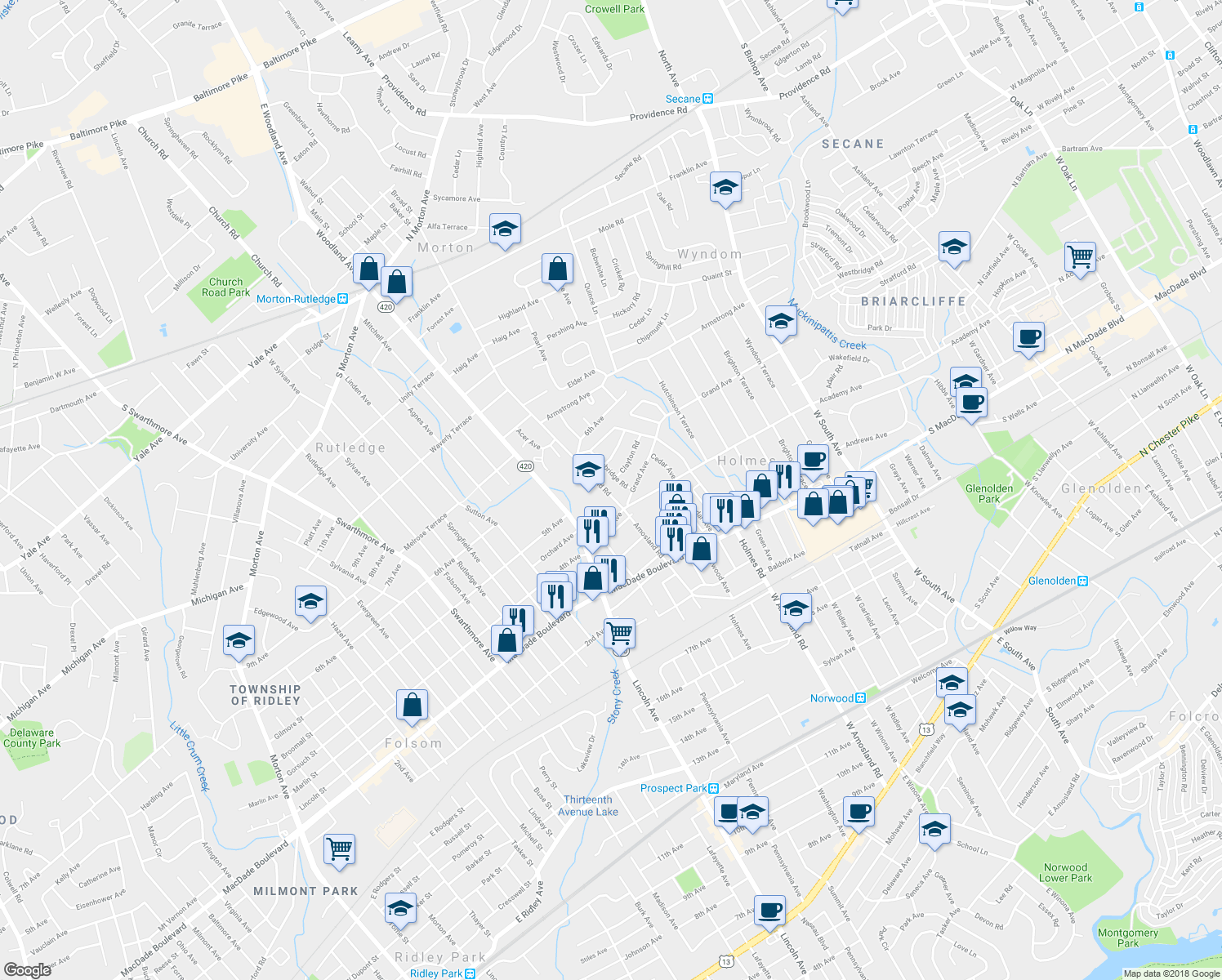 map of restaurants, bars, coffee shops, grocery stores, and more near 518 Amosland Road in Morton