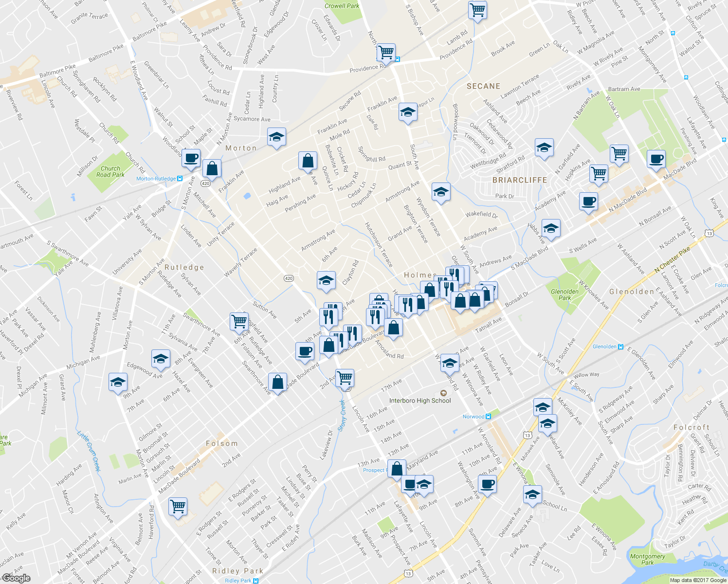 map of restaurants, bars, coffee shops, grocery stores, and more near 2111 Academy Avenue in Morton