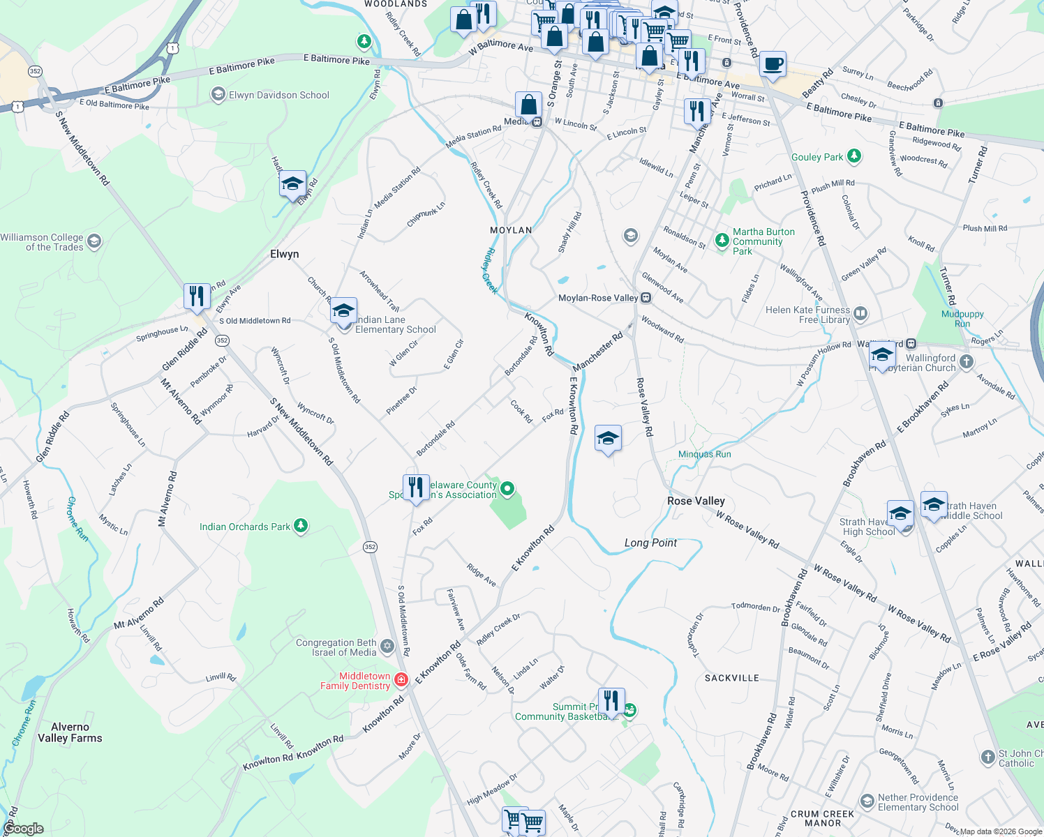 map of restaurants, bars, coffee shops, grocery stores, and more near 18 Cook Road in Media