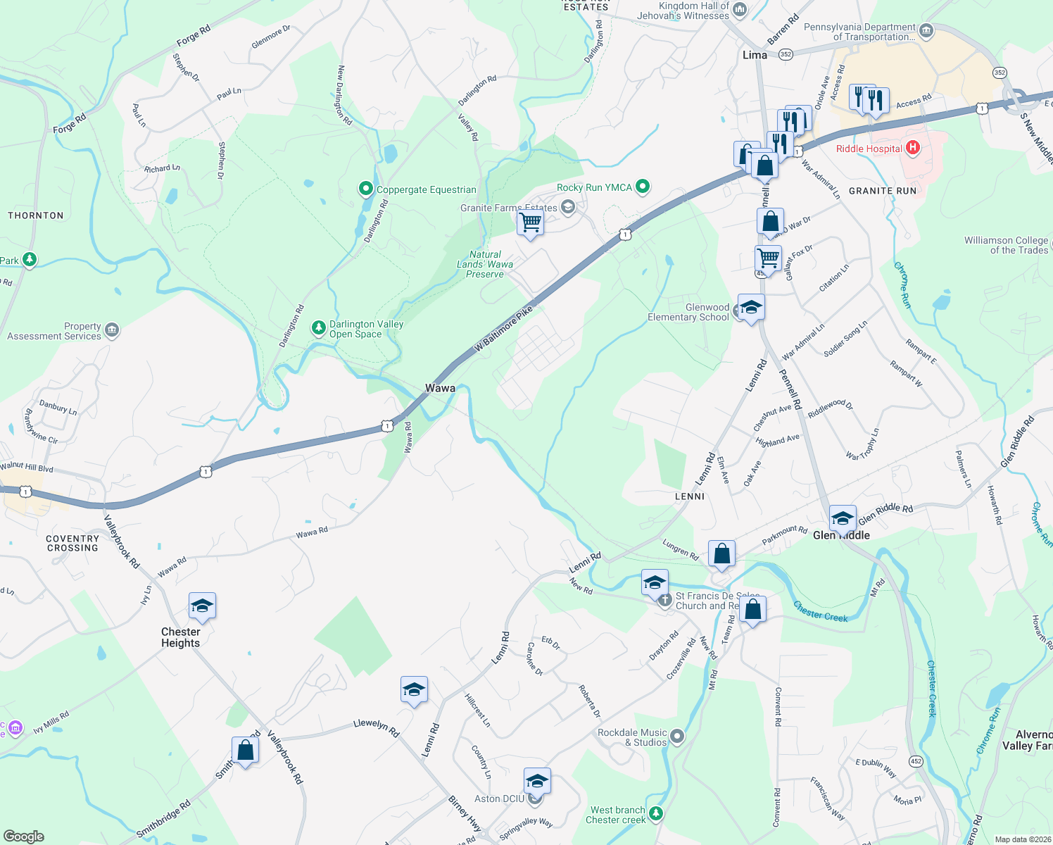 map of restaurants, bars, coffee shops, grocery stores, and more near 754 Switchman Road in Media