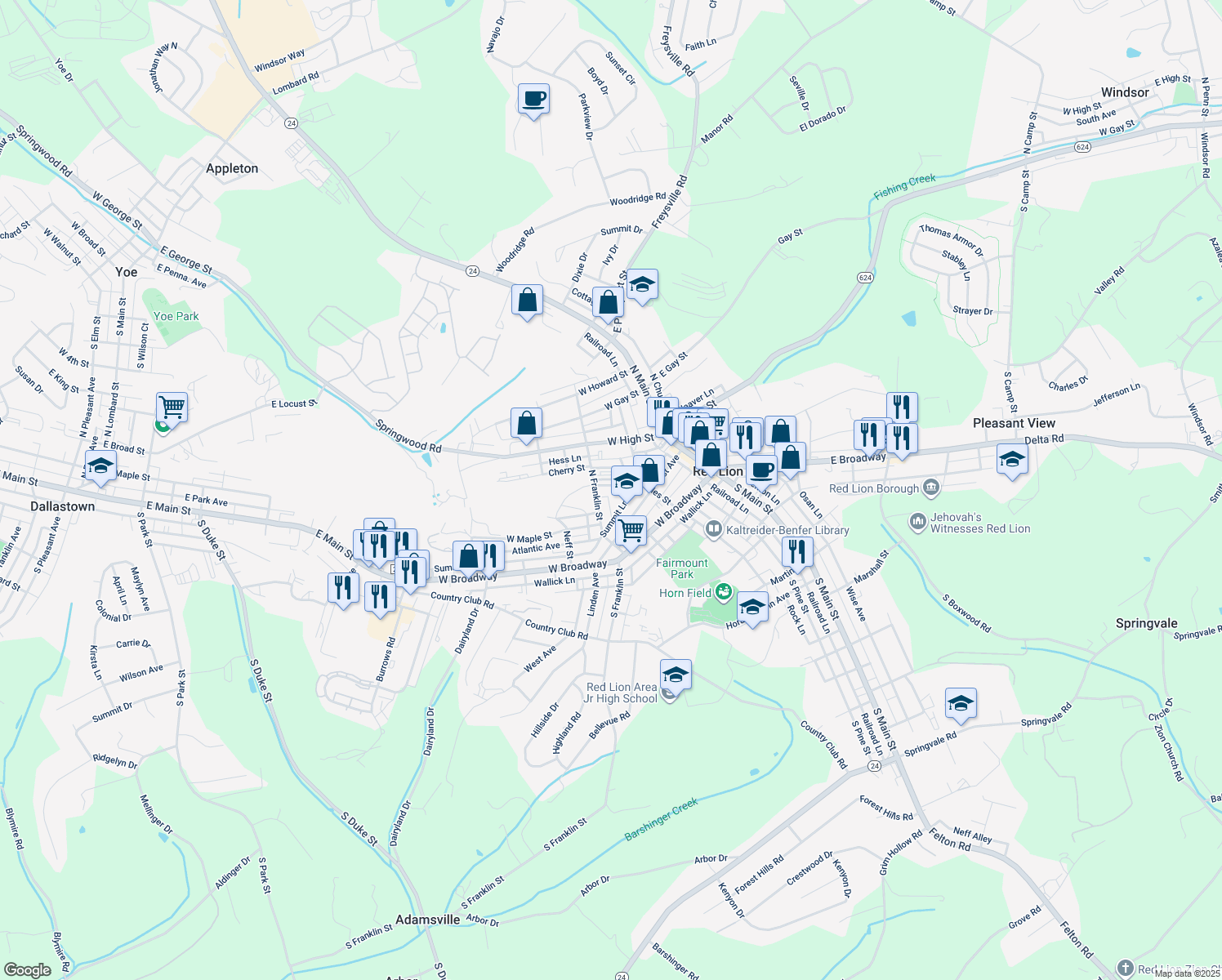 map of restaurants, bars, coffee shops, grocery stores, and more near 20 Railroad Avenue in Red Lion