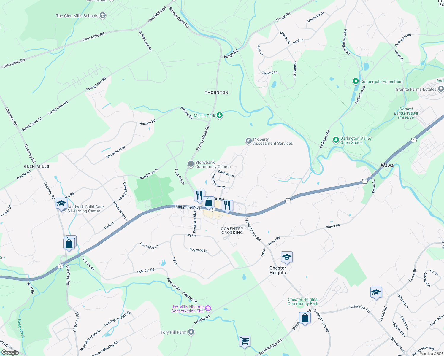 map of restaurants, bars, coffee shops, grocery stores, and more near 314 Stanton Court in Glen Mills