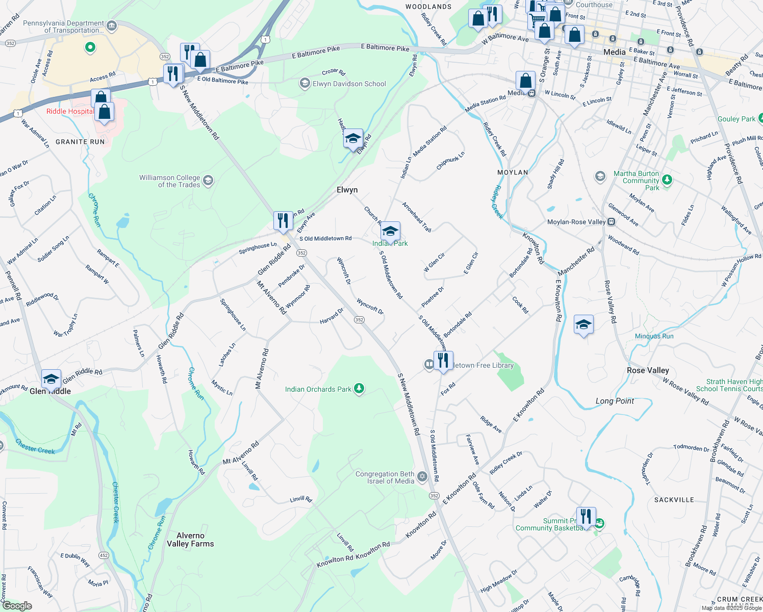 map of restaurants, bars, coffee shops, grocery stores, and more near 13 Wyncroft Drive in Media