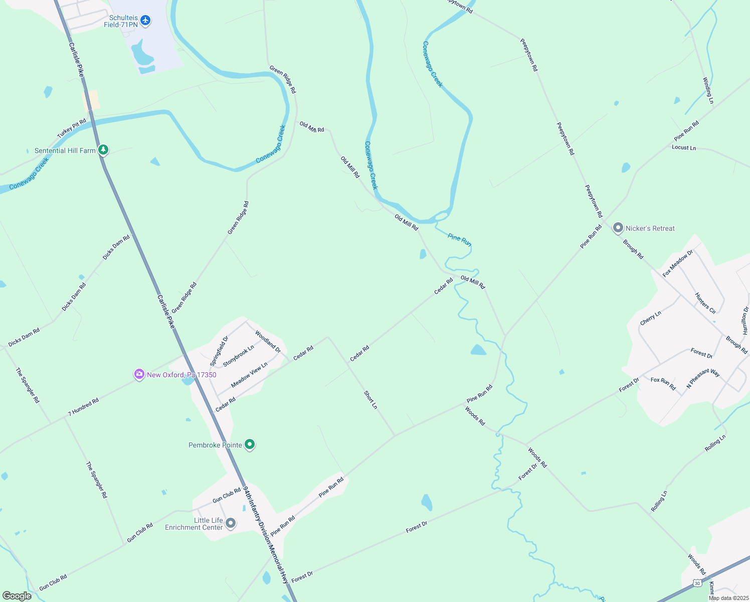 map of restaurants, bars, coffee shops, grocery stores, and more near 318 Cedar Road in New Oxford