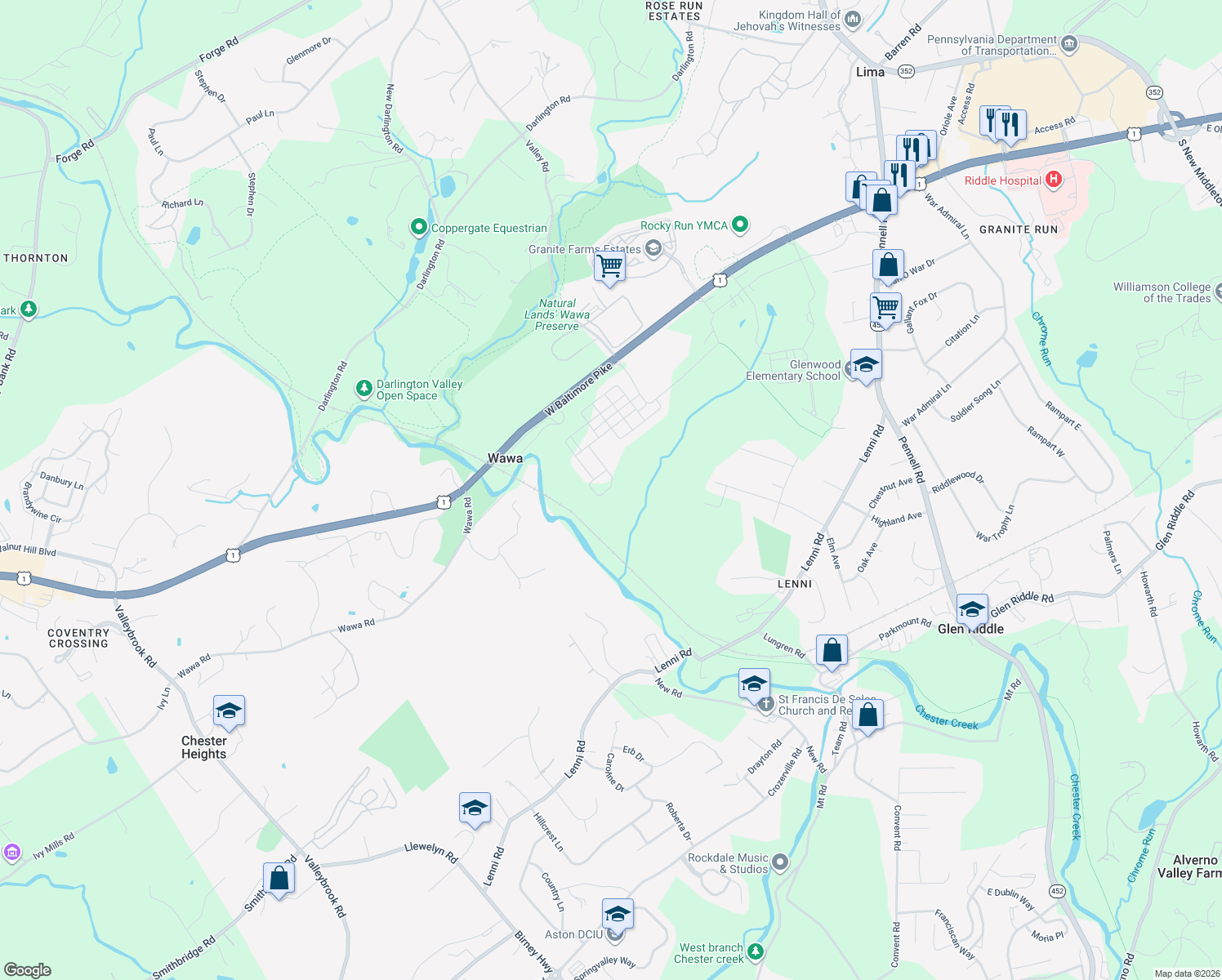 map of restaurants, bars, coffee shops, grocery stores, and more near 754 Switchman Road in Media