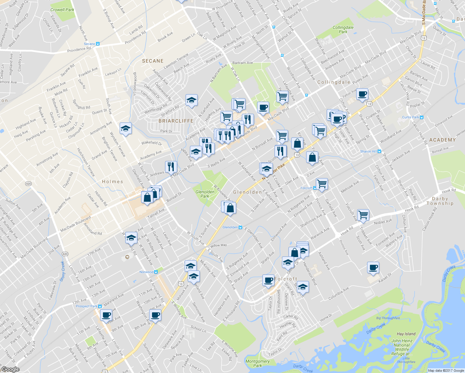 map of restaurants, bars, coffee shops, grocery stores, and more near 102 South Scott Avenue in Glenolden