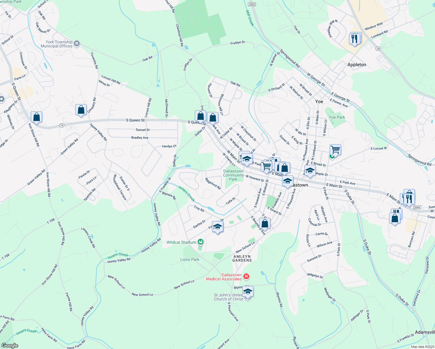 map of restaurants, bars, coffee shops, grocery stores, and more near 213 Leaderton Drive in Dallastown
