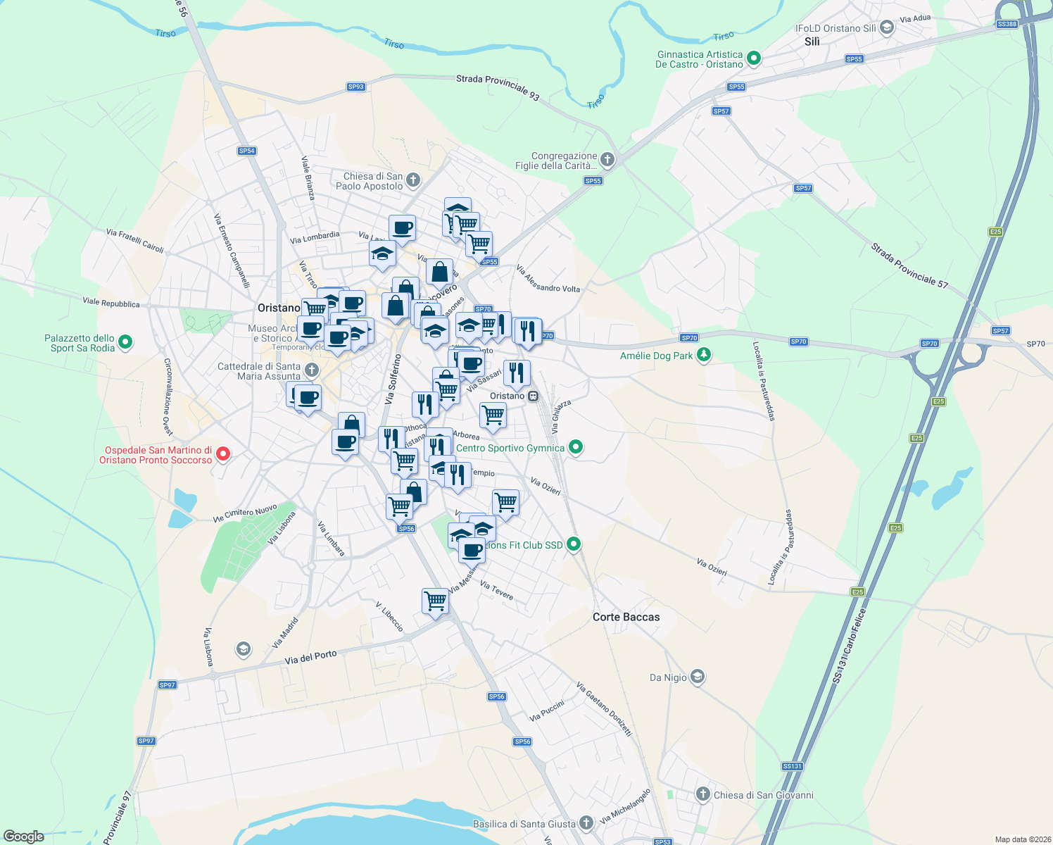 map of restaurants, bars, coffee shops, grocery stores, and more near 12 Via Nuoro in Oristano