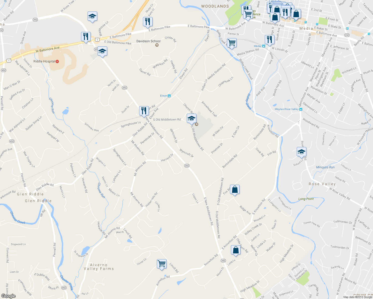 map of restaurants, bars, coffee shops, grocery stores, and more near 19 Wyncroft Drive in Media
