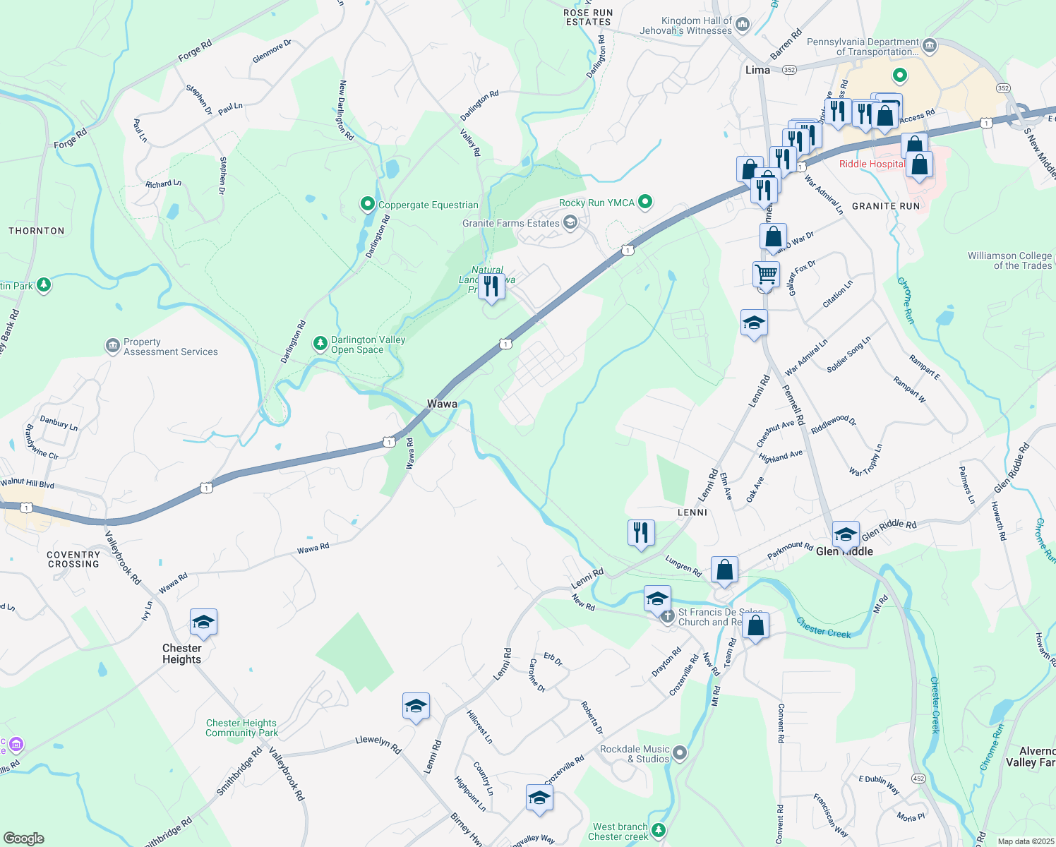 map of restaurants, bars, coffee shops, grocery stores, and more near 712 Switchman Road in Media