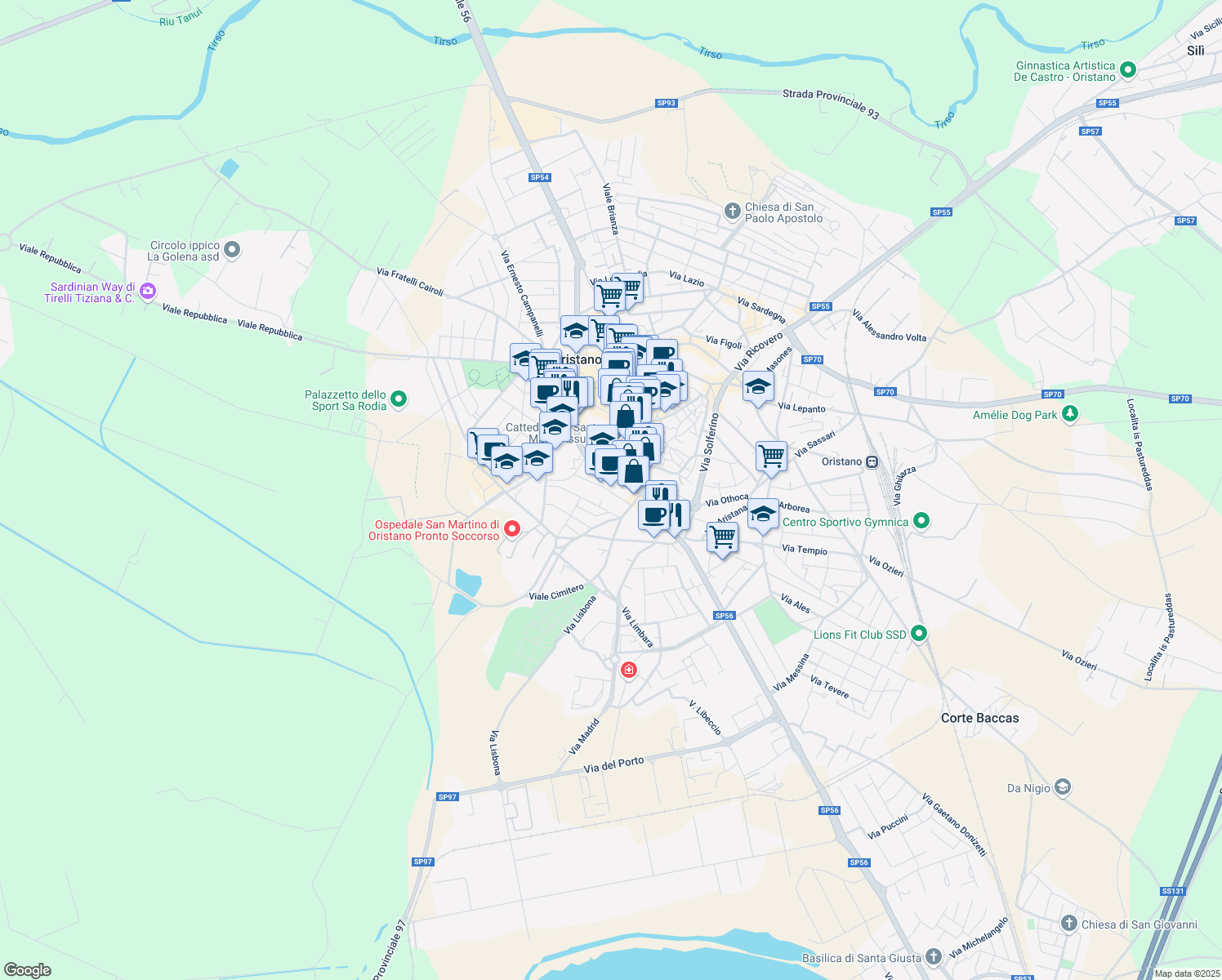 map of restaurants, bars, coffee shops, grocery stores, and more near 26 Via Giosuè Carducci in Oristano