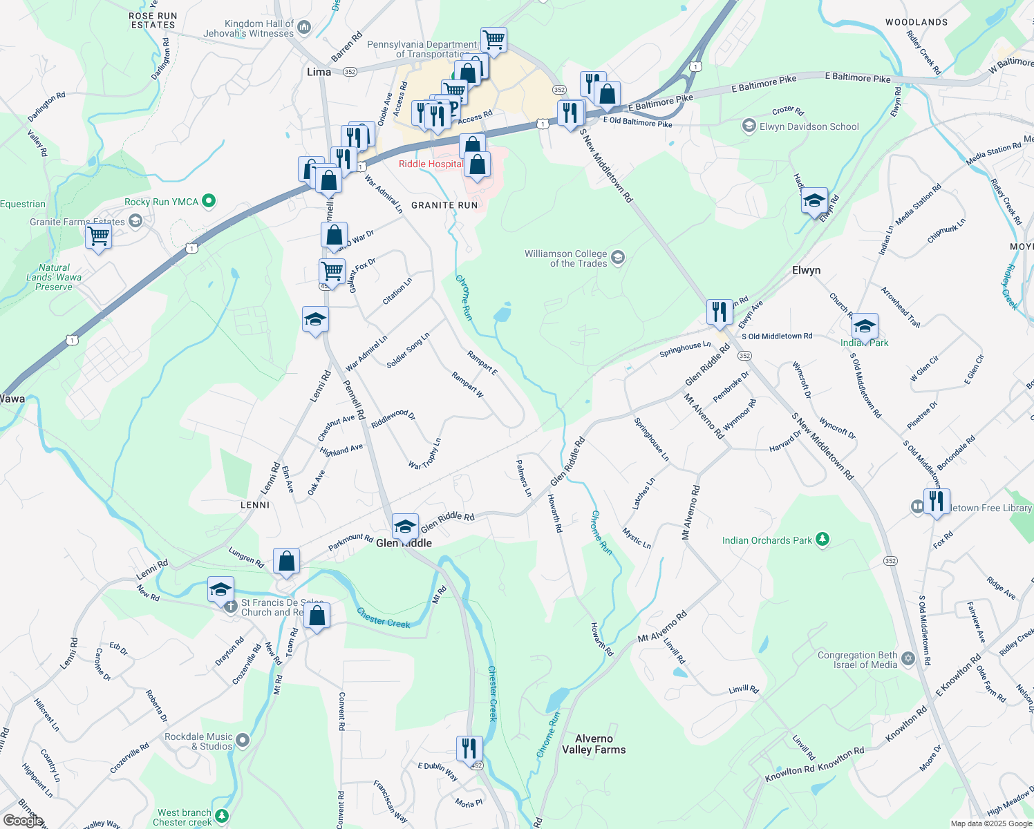 map of restaurants, bars, coffee shops, grocery stores, and more near 50 Rampart East in Media