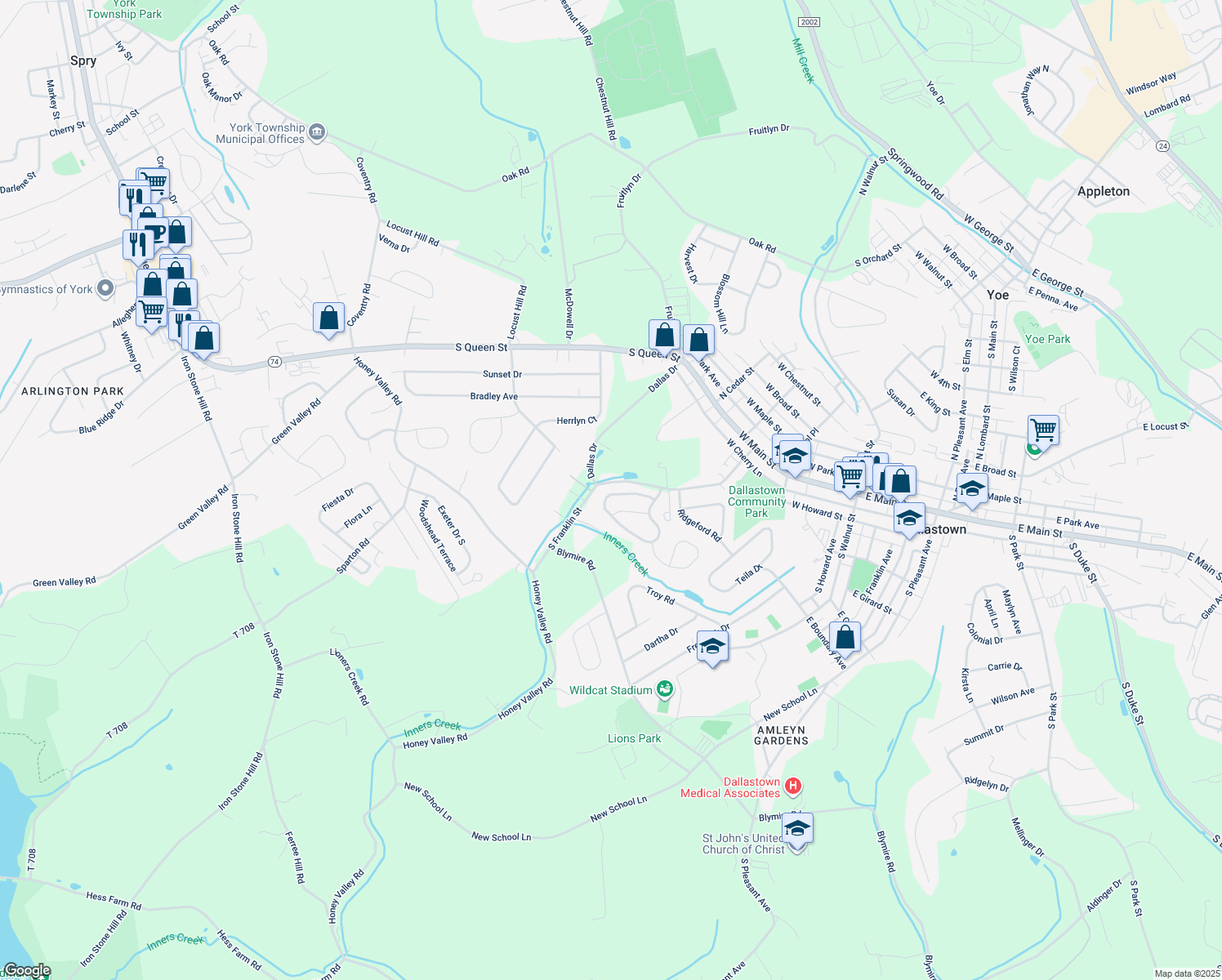 map of restaurants, bars, coffee shops, grocery stores, and more near 170 Franklin Square Dr in Dallastown