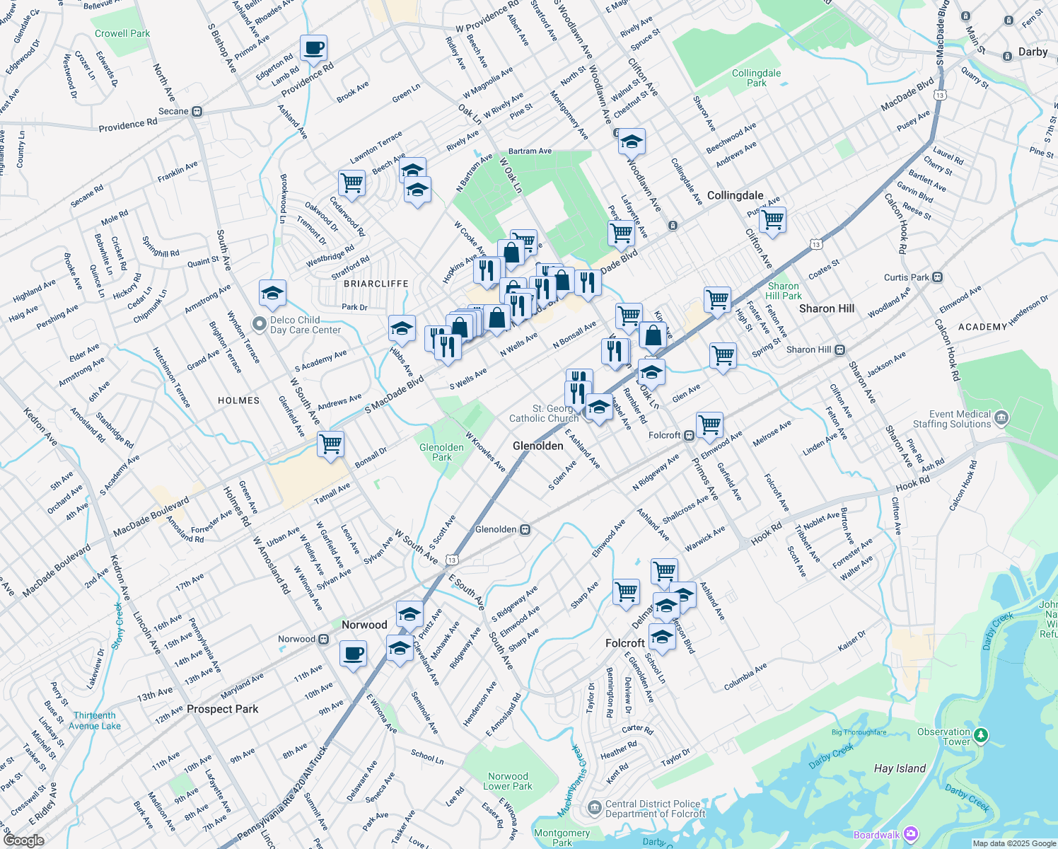 map of restaurants, bars, coffee shops, grocery stores, and more near 27 South Scott Avenue in Glenolden