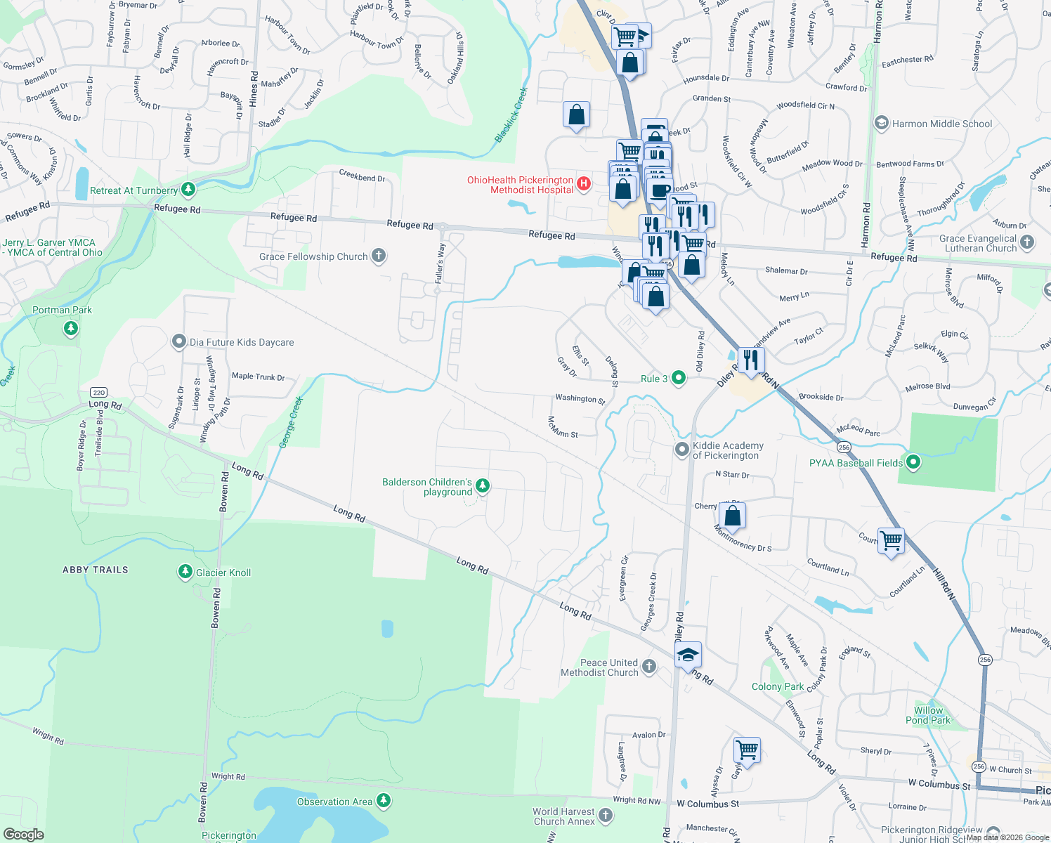 map of restaurants, bars, coffee shops, grocery stores, and more near 917 Boggs Court in Pickerington