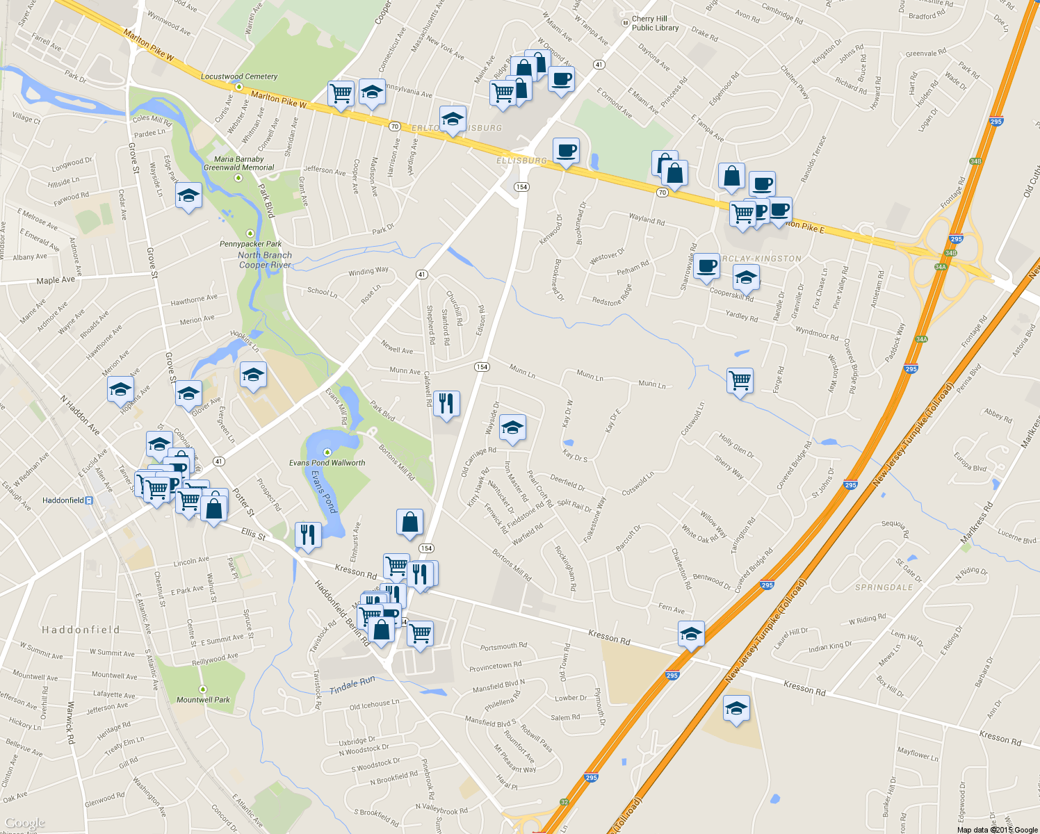 map of restaurants, bars, coffee shops, grocery stores, and more near 111 Courtland Road in Cherry Hill
