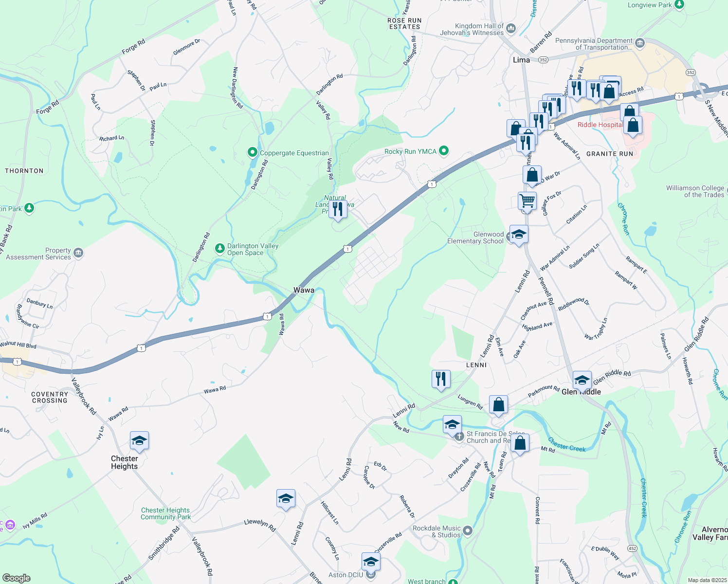 map of restaurants, bars, coffee shops, grocery stores, and more near 712 Switchman Road in Media
