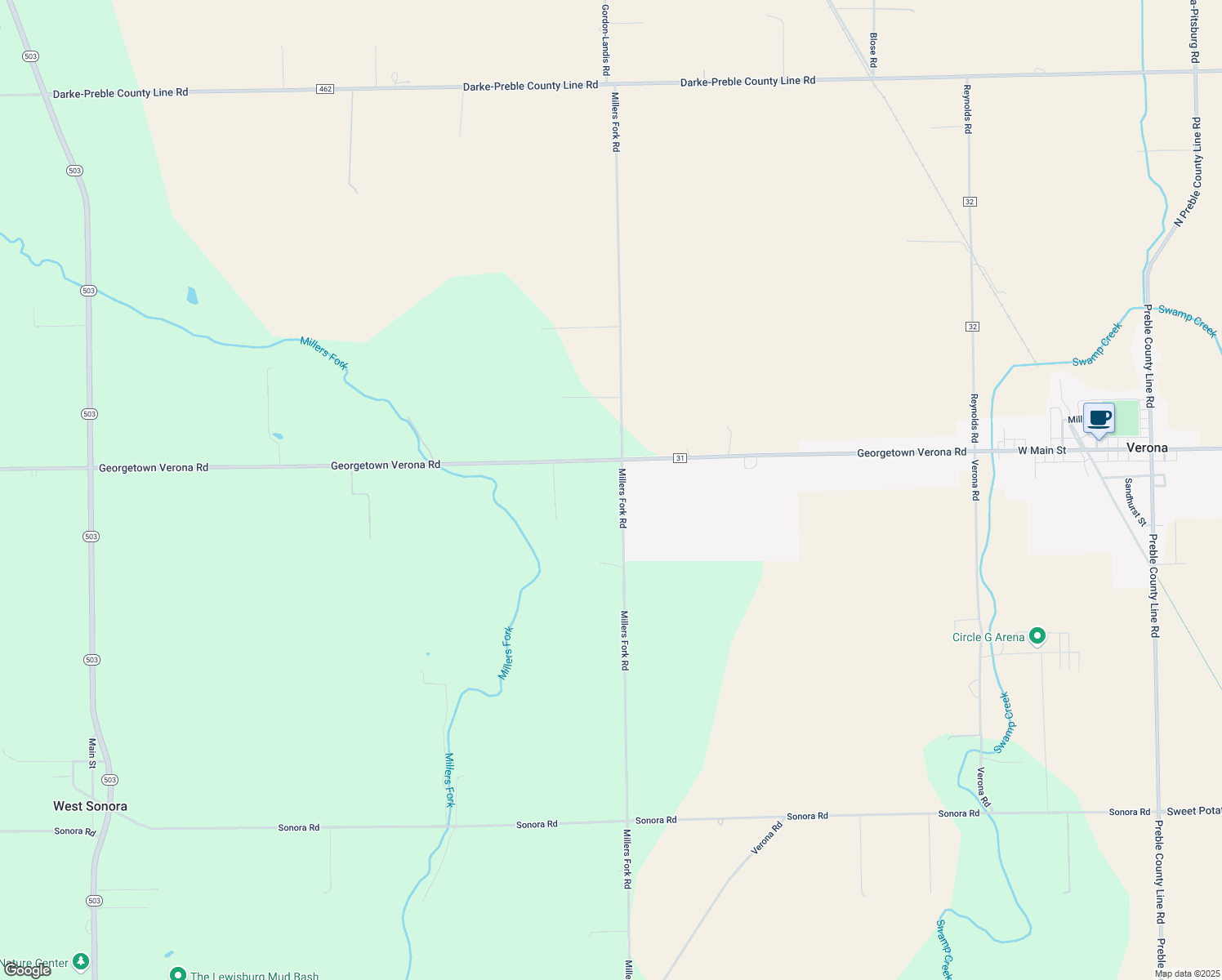 map of restaurants, bars, coffee shops, grocery stores, and more near 10475 Millers Fork Road in Lewisburg