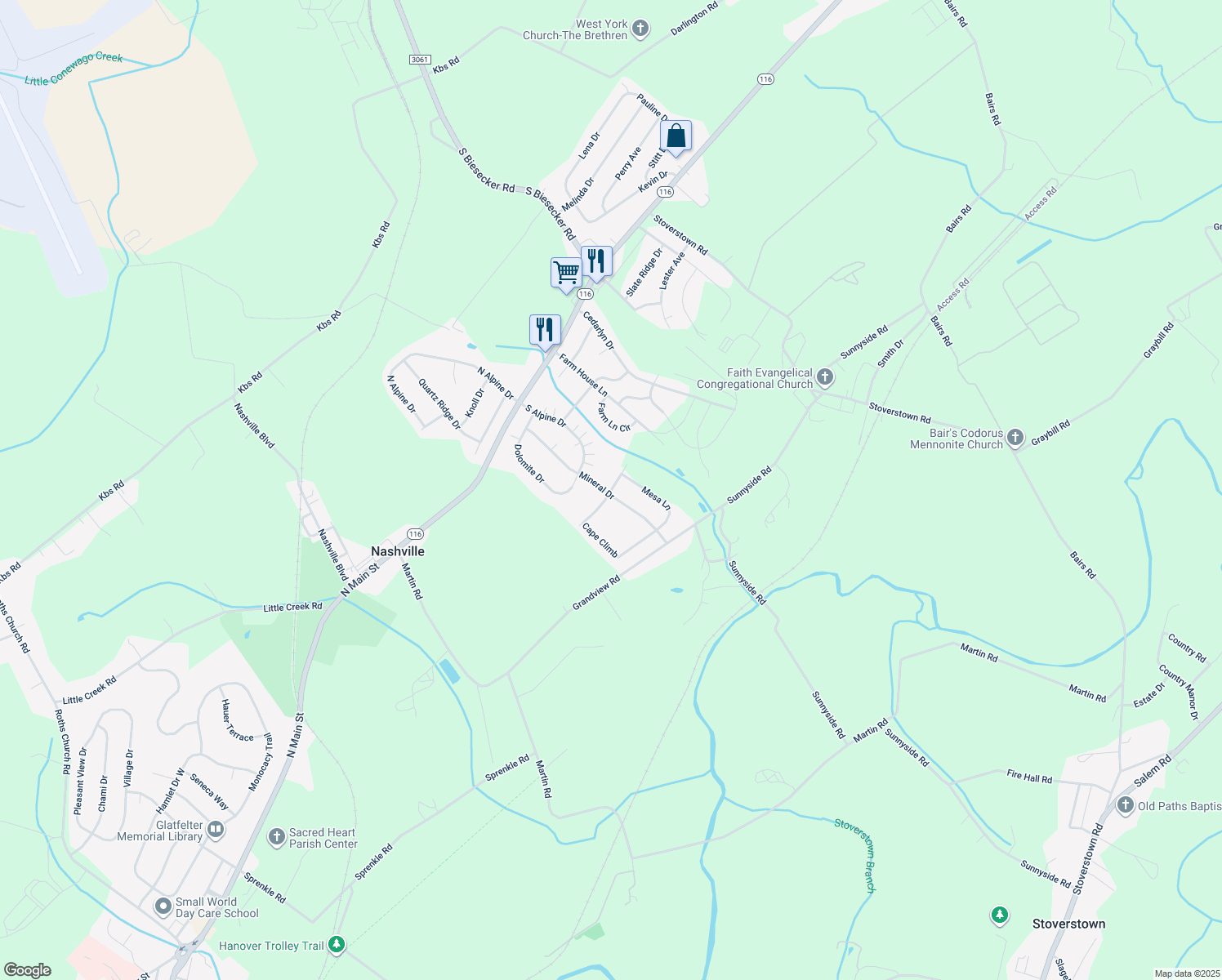 map of restaurants, bars, coffee shops, grocery stores, and more near 1208 Ledge Drive in York