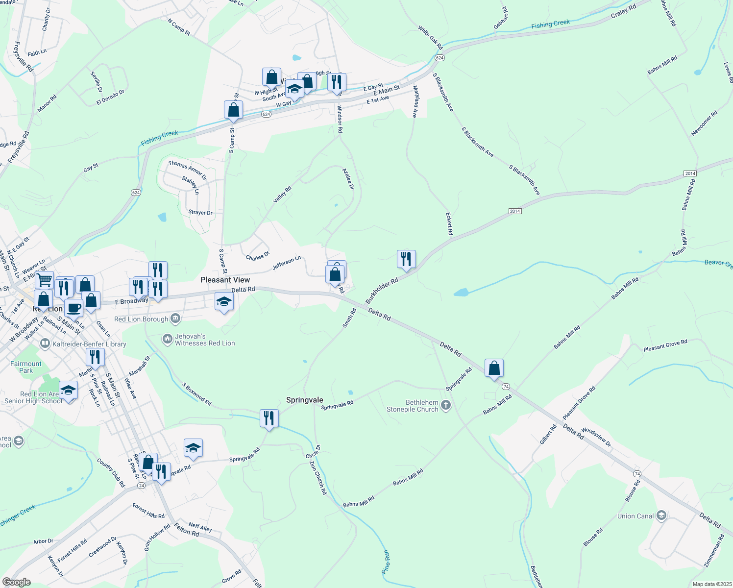 map of restaurants, bars, coffee shops, grocery stores, and more near 35 Burkholder Road in Red Lion