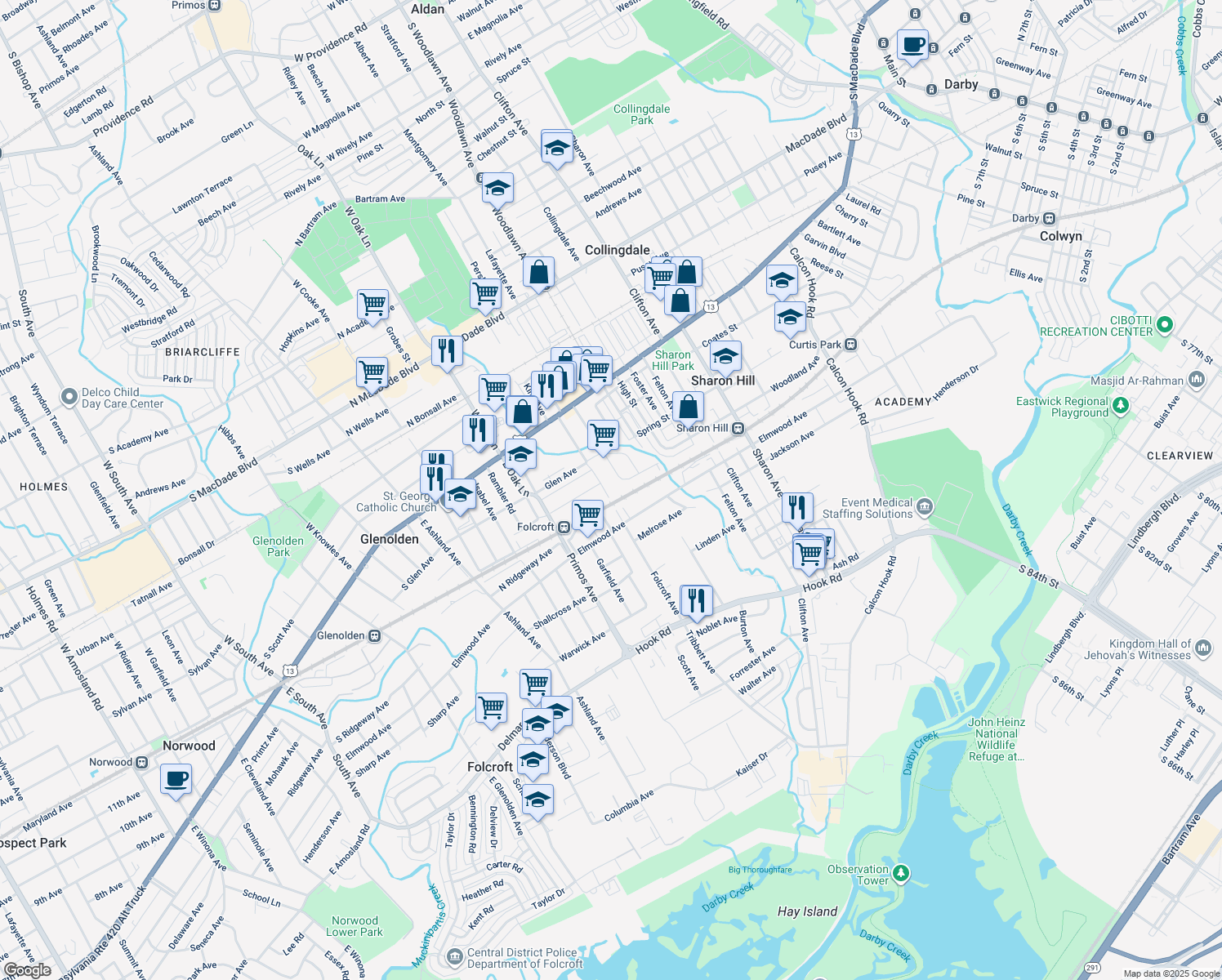 map of restaurants, bars, coffee shops, grocery stores, and more near 219 Folcroft Avenue in Sharon Hill