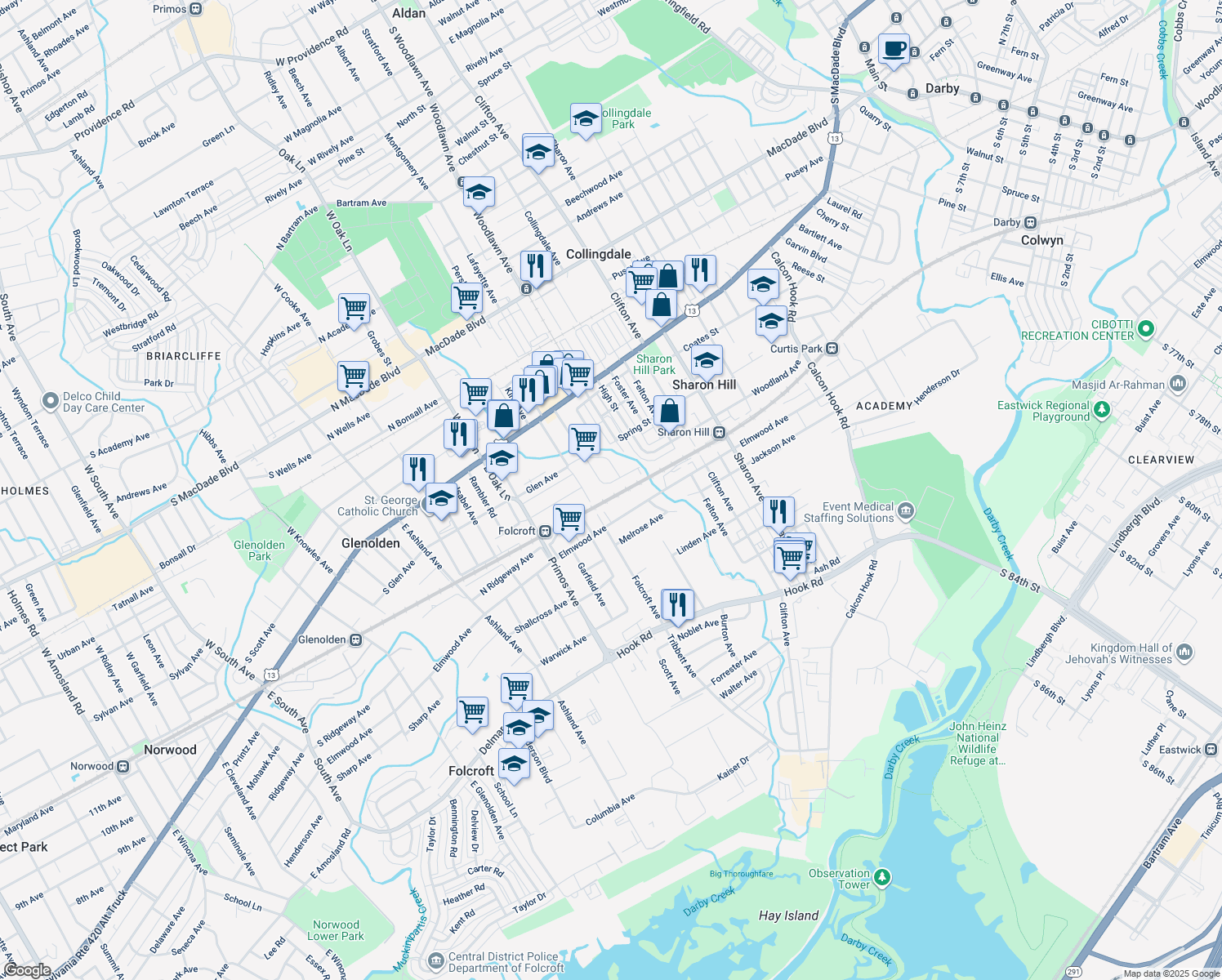 map of restaurants, bars, coffee shops, grocery stores, and more near 1449 Sharon Park Drive in Sharon Hill