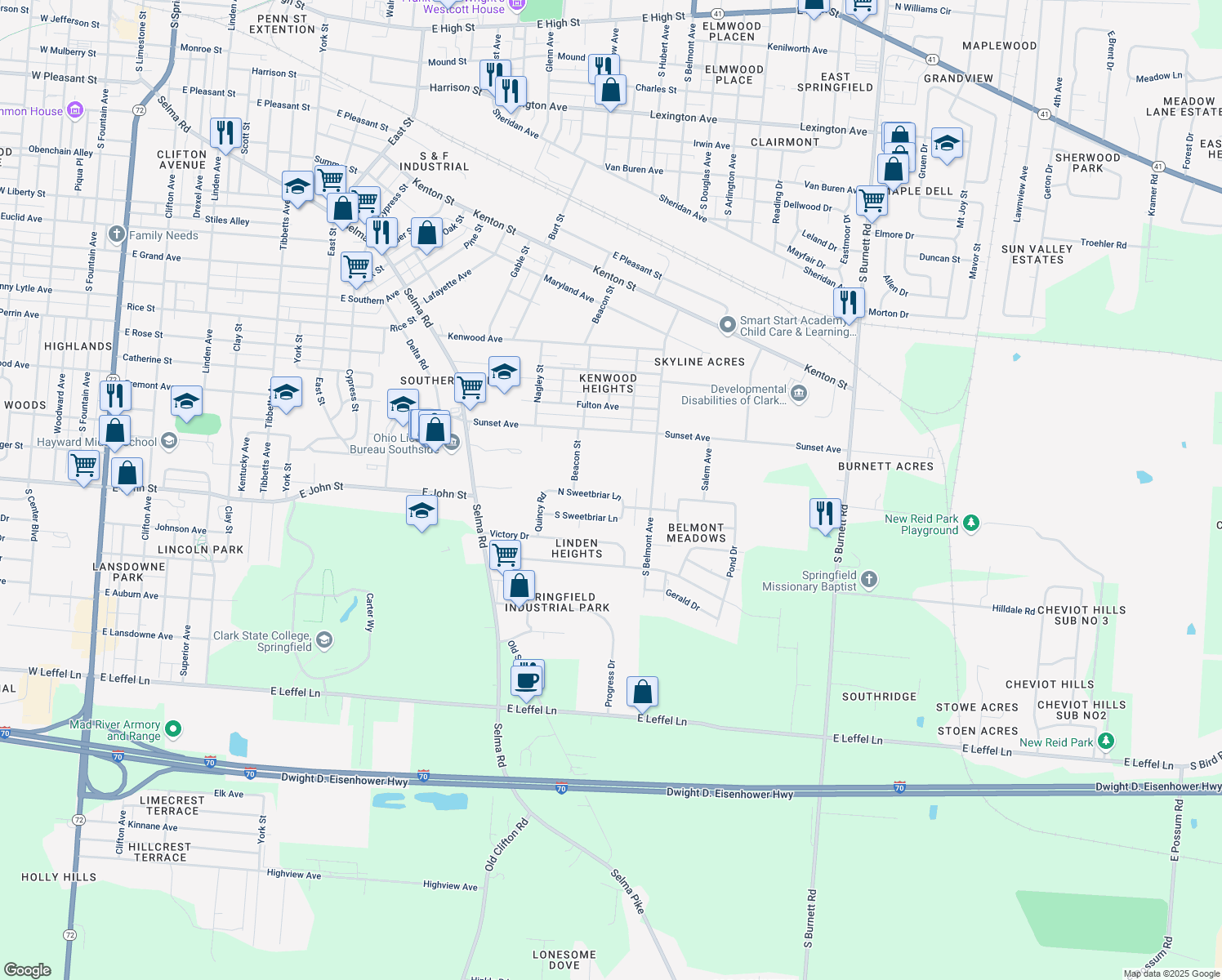 map of restaurants, bars, coffee shops, grocery stores, and more near 1806 North Sweetbriar Lane in Springfield