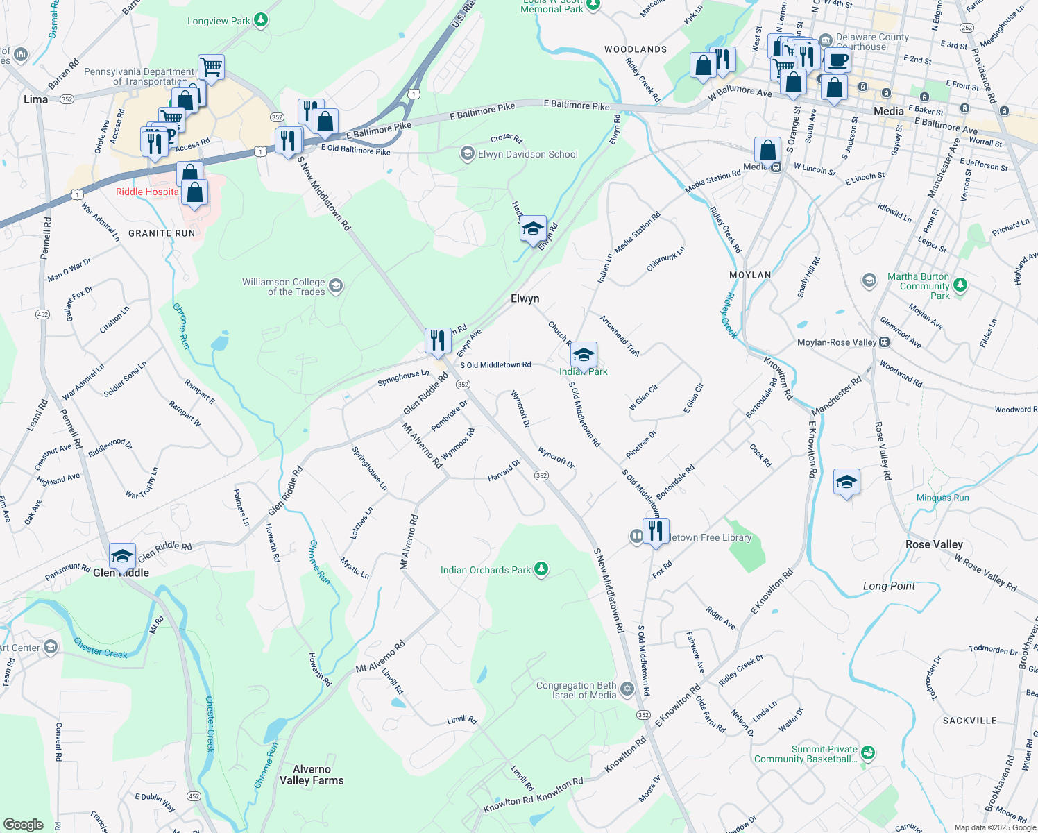 map of restaurants, bars, coffee shops, grocery stores, and more near 34 Wyncroft Drive in Media