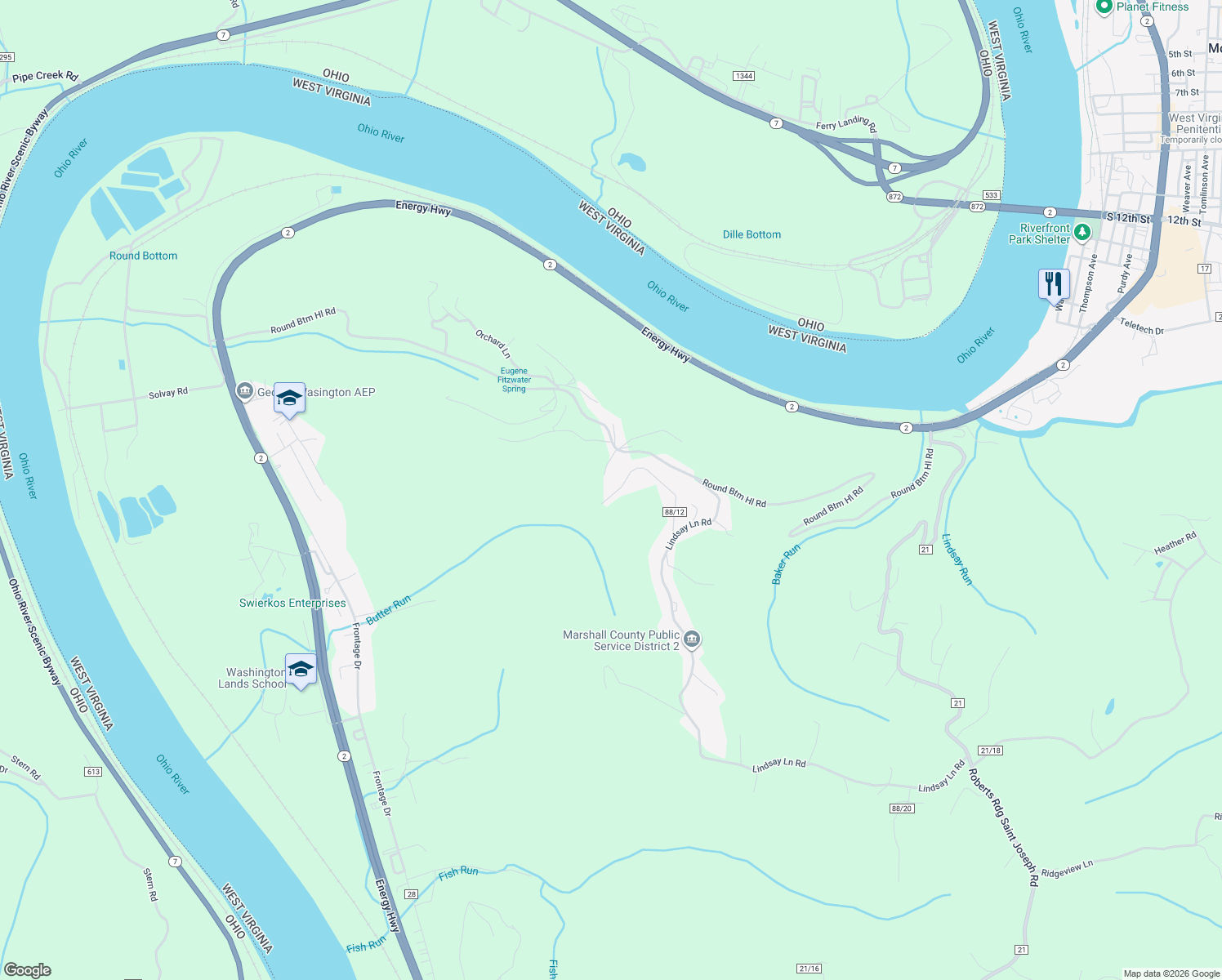 map of restaurants, bars, coffee shops, grocery stores, and more near Clearview Heights Road in Moundsville