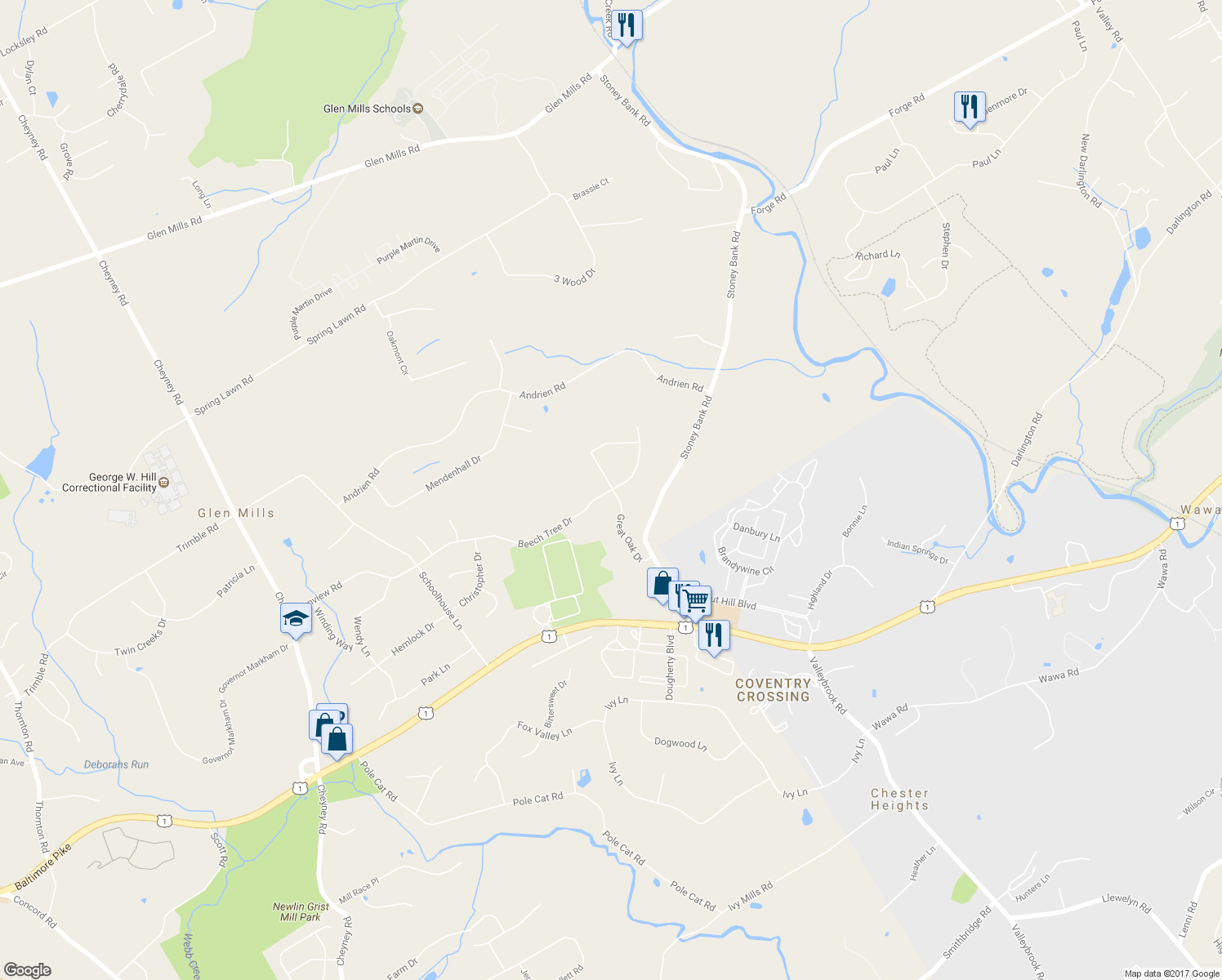 map of restaurants, bars, coffee shops, grocery stores, and more near 15 Beech Tree Drive in Glen Mills