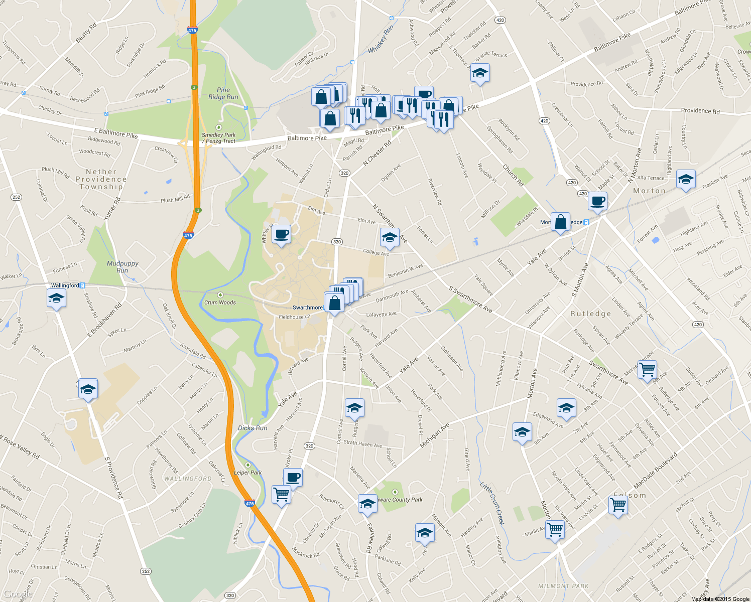 map of restaurants, bars, coffee shops, grocery stores, and more near in Swarthmore