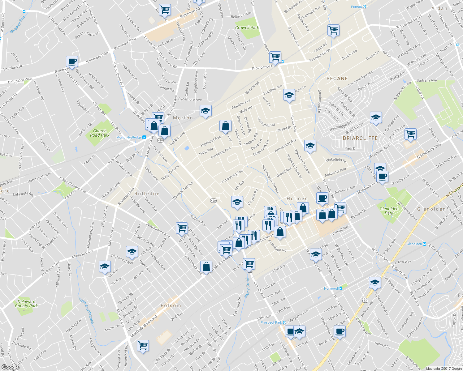 map of restaurants, bars, coffee shops, grocery stores, and more near 612 Stanbridge Road in Morton