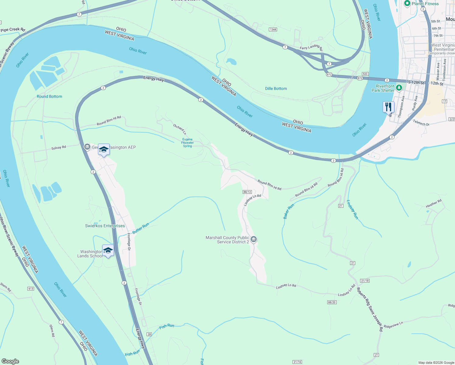 map of restaurants, bars, coffee shops, grocery stores, and more near Clearview Heights Road in Marshall County