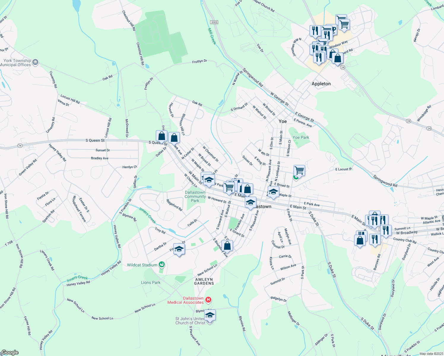 map of restaurants, bars, coffee shops, grocery stores, and more near 51 West Maple Street in Dallastown