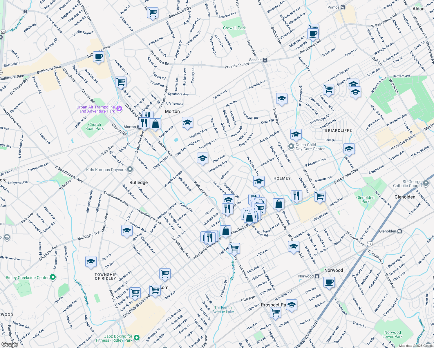 map of restaurants, bars, coffee shops, grocery stores, and more near 616 Stanbridge Road in Morton