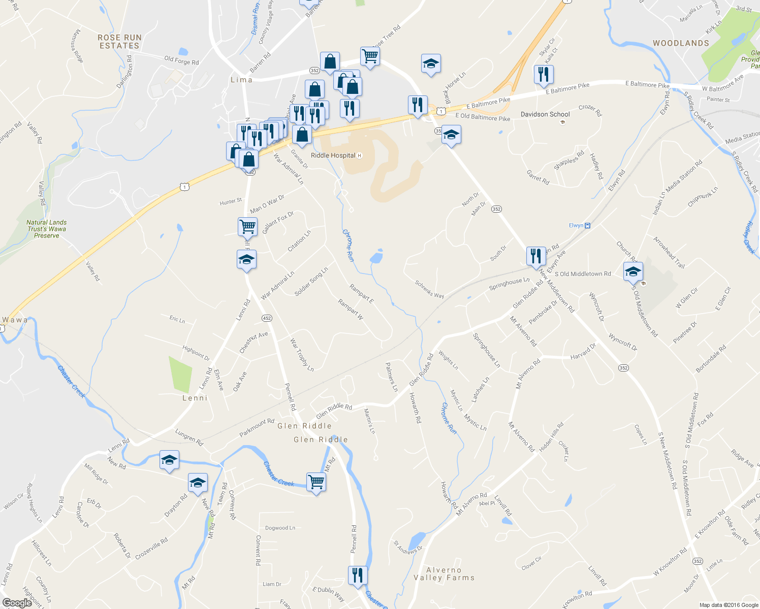 map of restaurants, bars, coffee shops, grocery stores, and more near 37 Rampart East in Media
