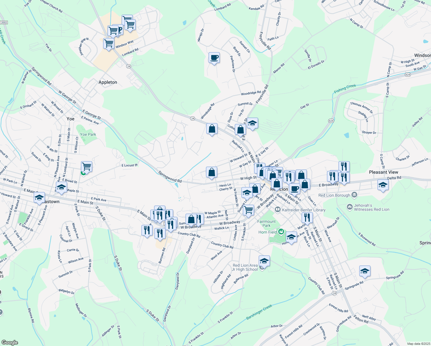 map of restaurants, bars, coffee shops, grocery stores, and more near 239 West Gay Street in Red Lion