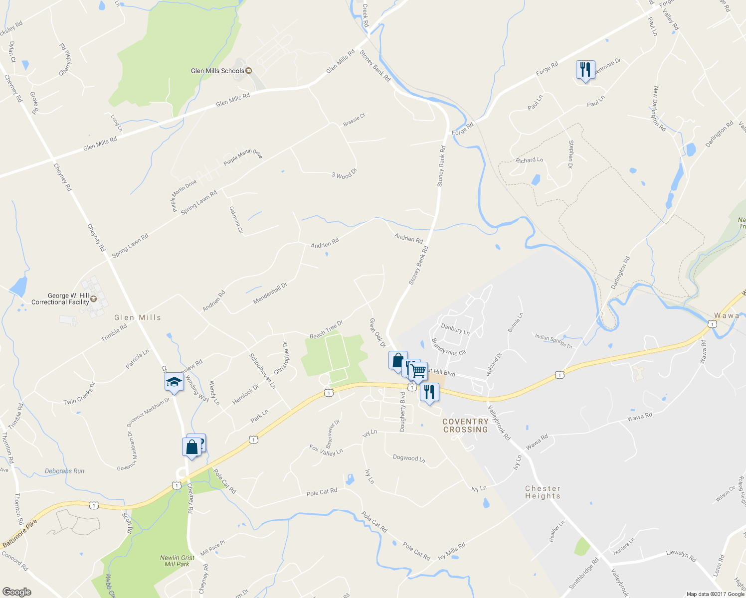 map of restaurants, bars, coffee shops, grocery stores, and more near 19 Beech Tree Drive in Glen Mills