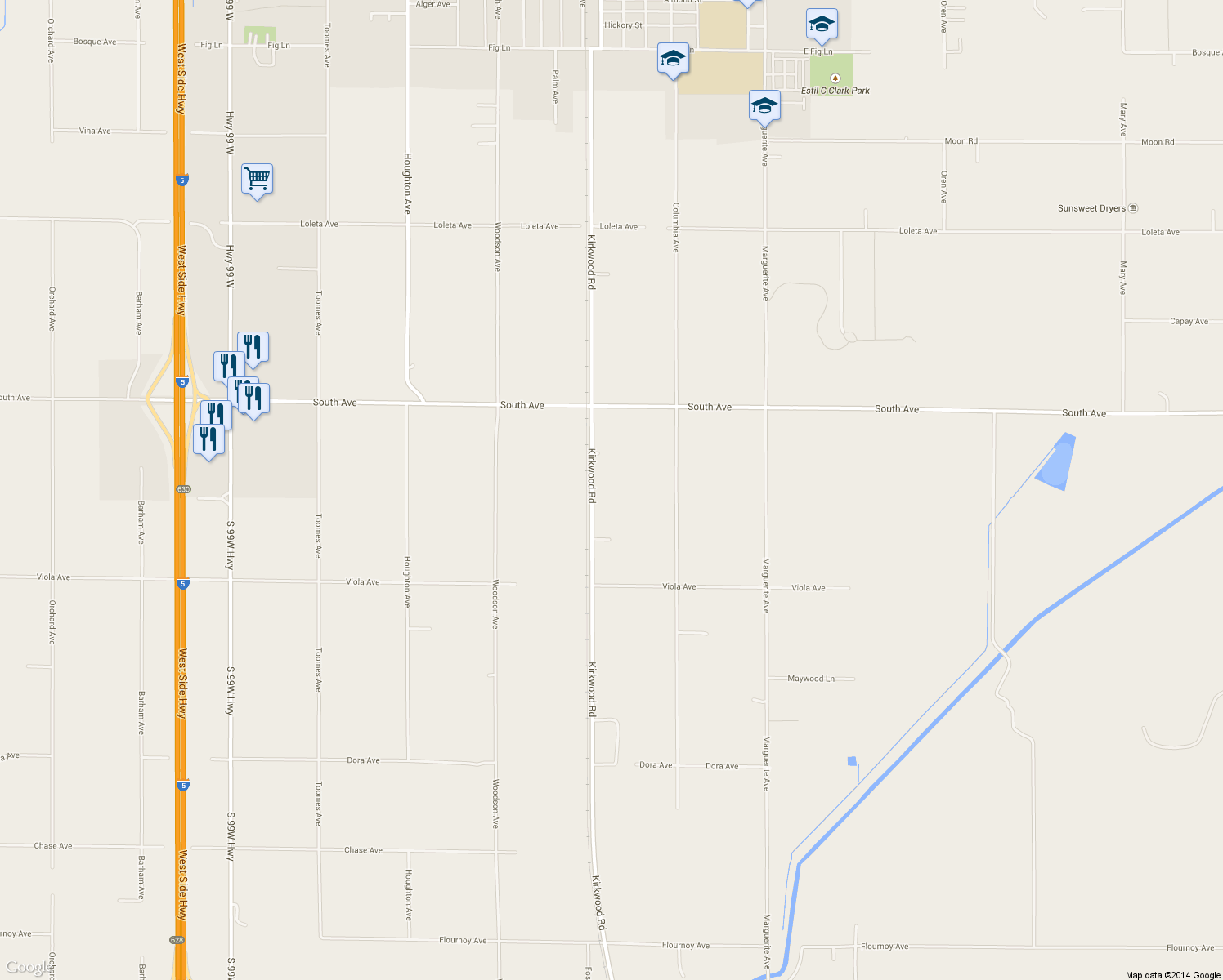 map of restaurants, bars, coffee shops, grocery stores, and more near 3620 Kirkwood Road in Corning