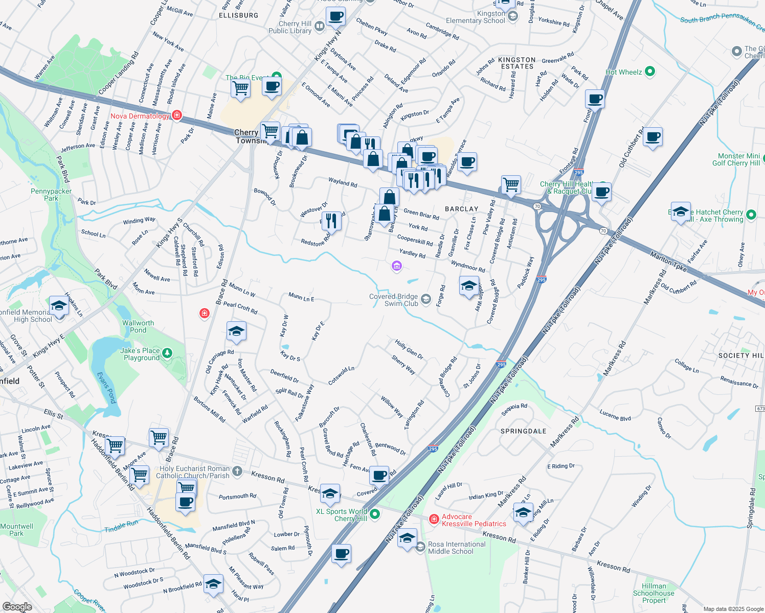 map of restaurants, bars, coffee shops, grocery stores, and more near 1202 Cotswold Lane in Cherry Hill
