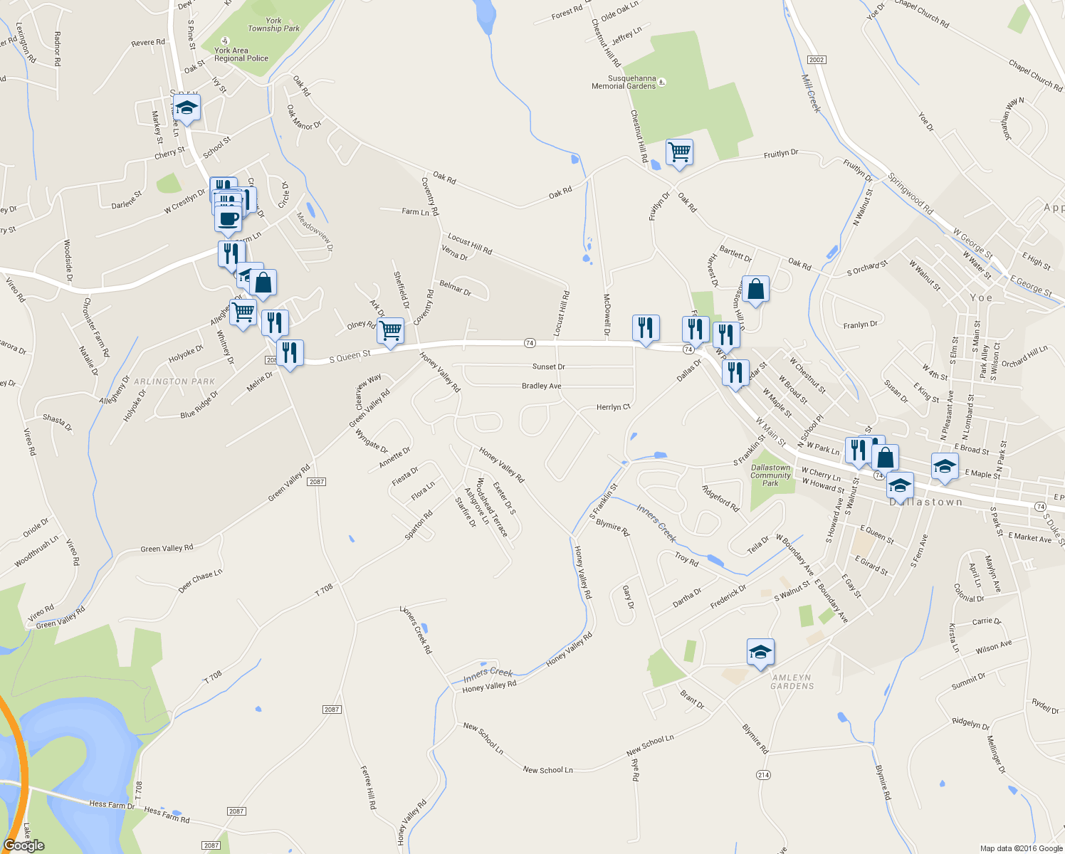 map of restaurants, bars, coffee shops, grocery stores, and more near 330 Majestic Circle in Dallastown