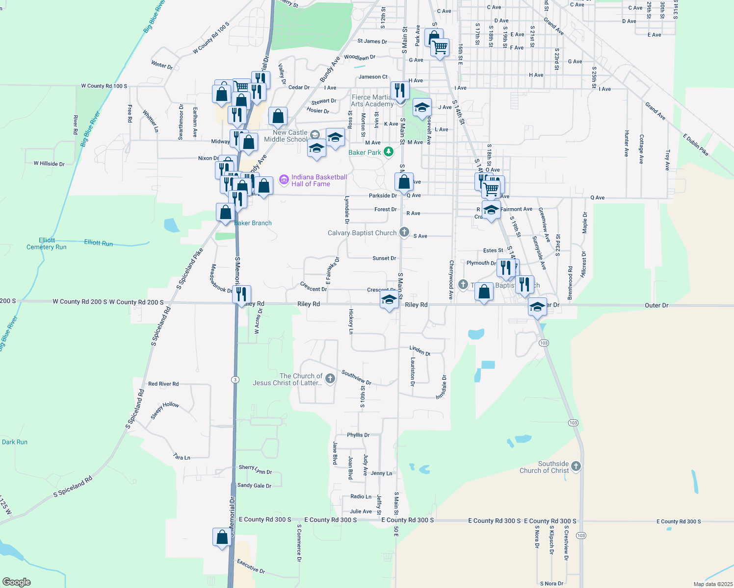 map of restaurants, bars, coffee shops, grocery stores, and more near 1009 Crescent Drive in New Castle