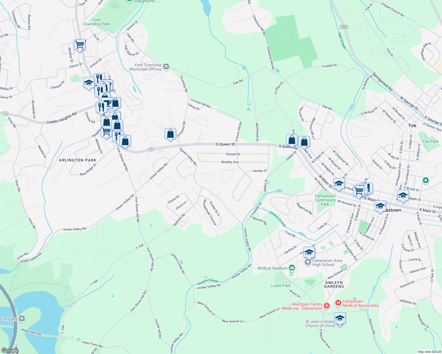 map of restaurants, bars, coffee shops, grocery stores, and more near 341 Majestic Circle in Dallastown