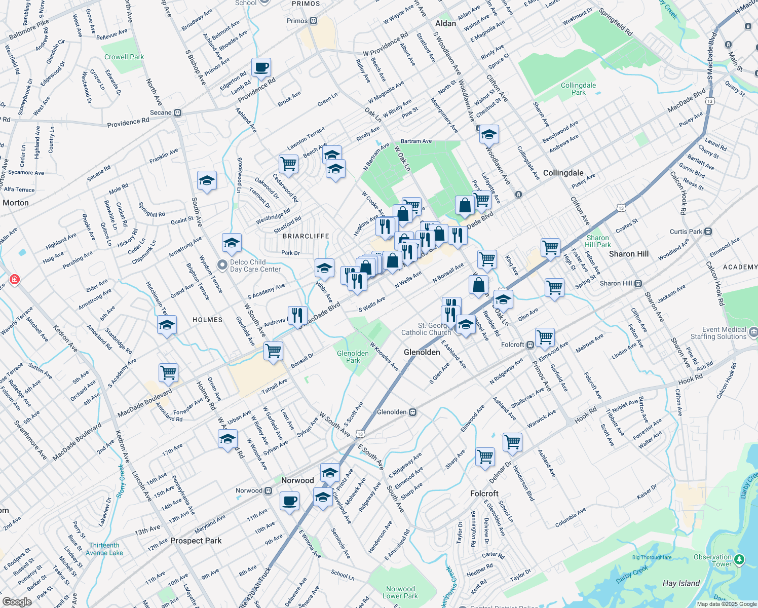 map of restaurants, bars, coffee shops, grocery stores, and more near 107 South Wells Avenue in Glenolden