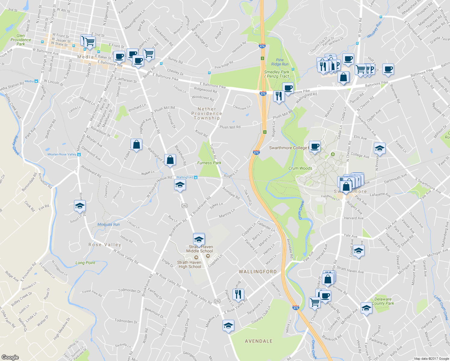 map of restaurants, bars, coffee shops, grocery stores, and more near 118 East Brookhaven Road in Nether Providence Township