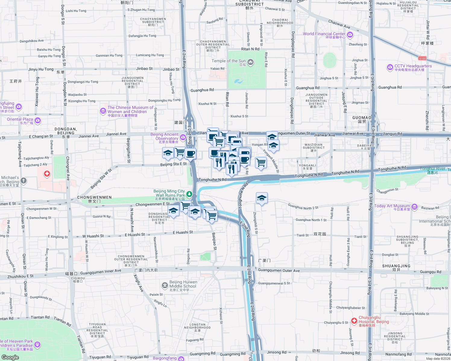 map of restaurants, bars, coffee shops, grocery stores, and more near Jianguomen Inner Street in Beijing