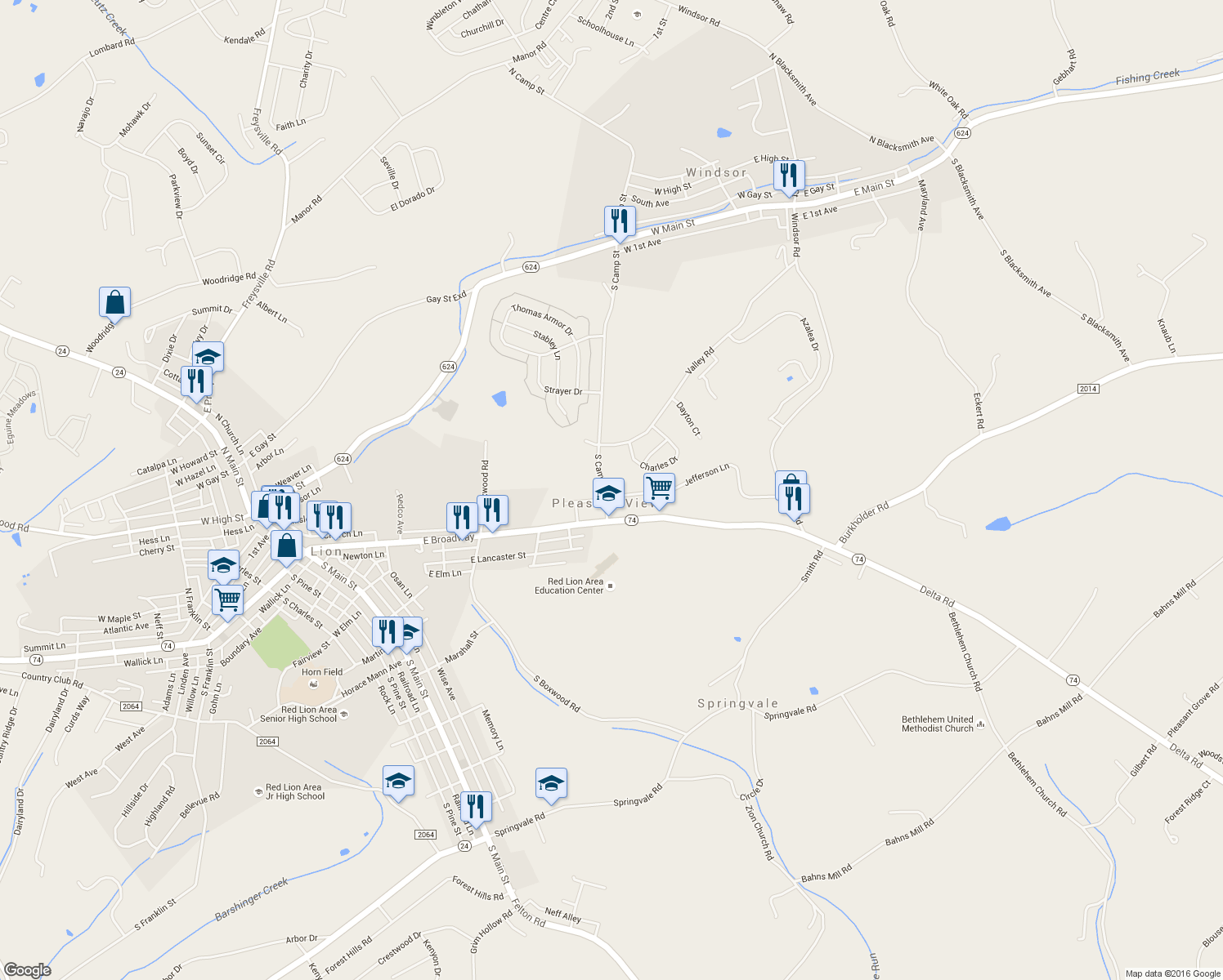 map of restaurants, bars, coffee shops, grocery stores, and more near 334 South Camp Street in Red Lion