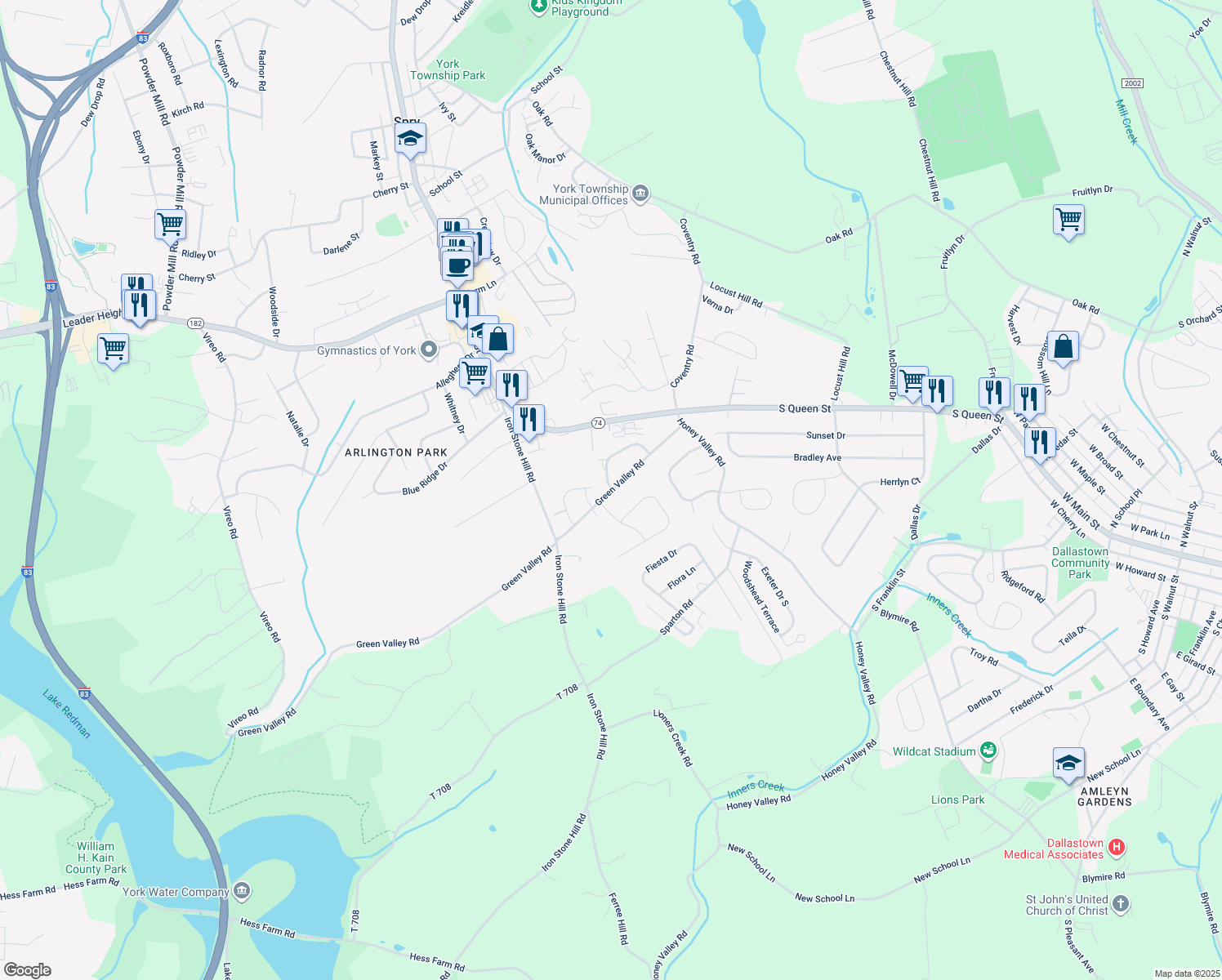 map of restaurants, bars, coffee shops, grocery stores, and more near 2700 Clearview Way in York