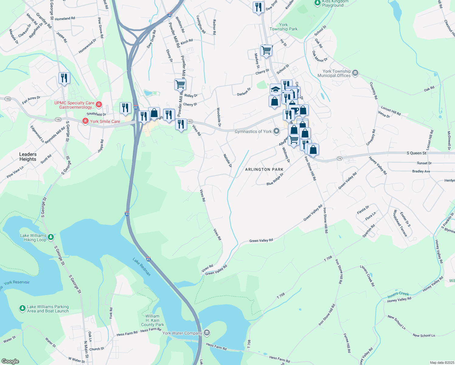 map of restaurants, bars, coffee shops, grocery stores, and more near 338 Allegheny Drive in York