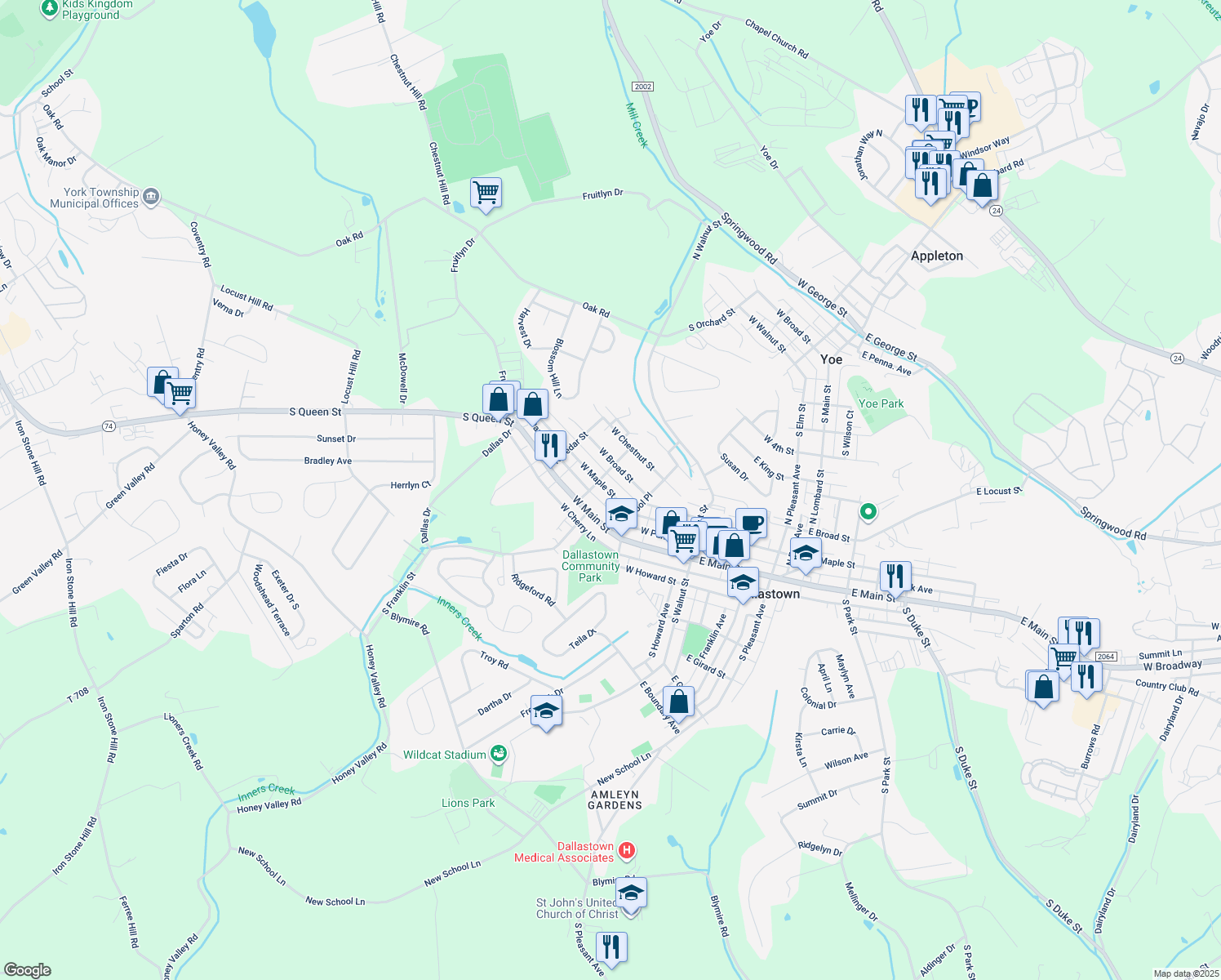 map of restaurants, bars, coffee shops, grocery stores, and more near 305 West Maple Street in Dallastown